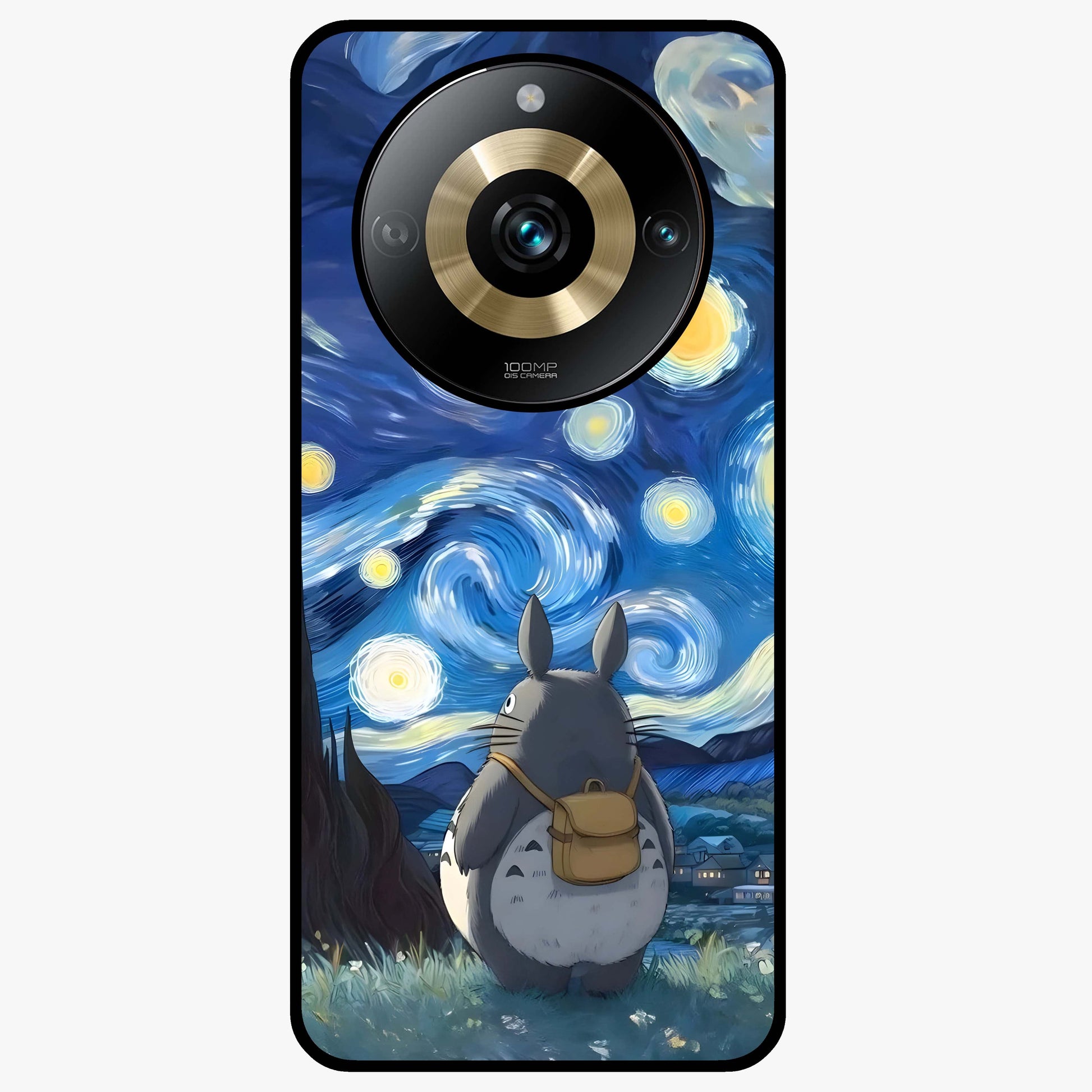 Totoro In Van Gogh Art Glass Case showing flat back view with whimsical character artwork inspired by Van Gogh style and glossy glass finish.