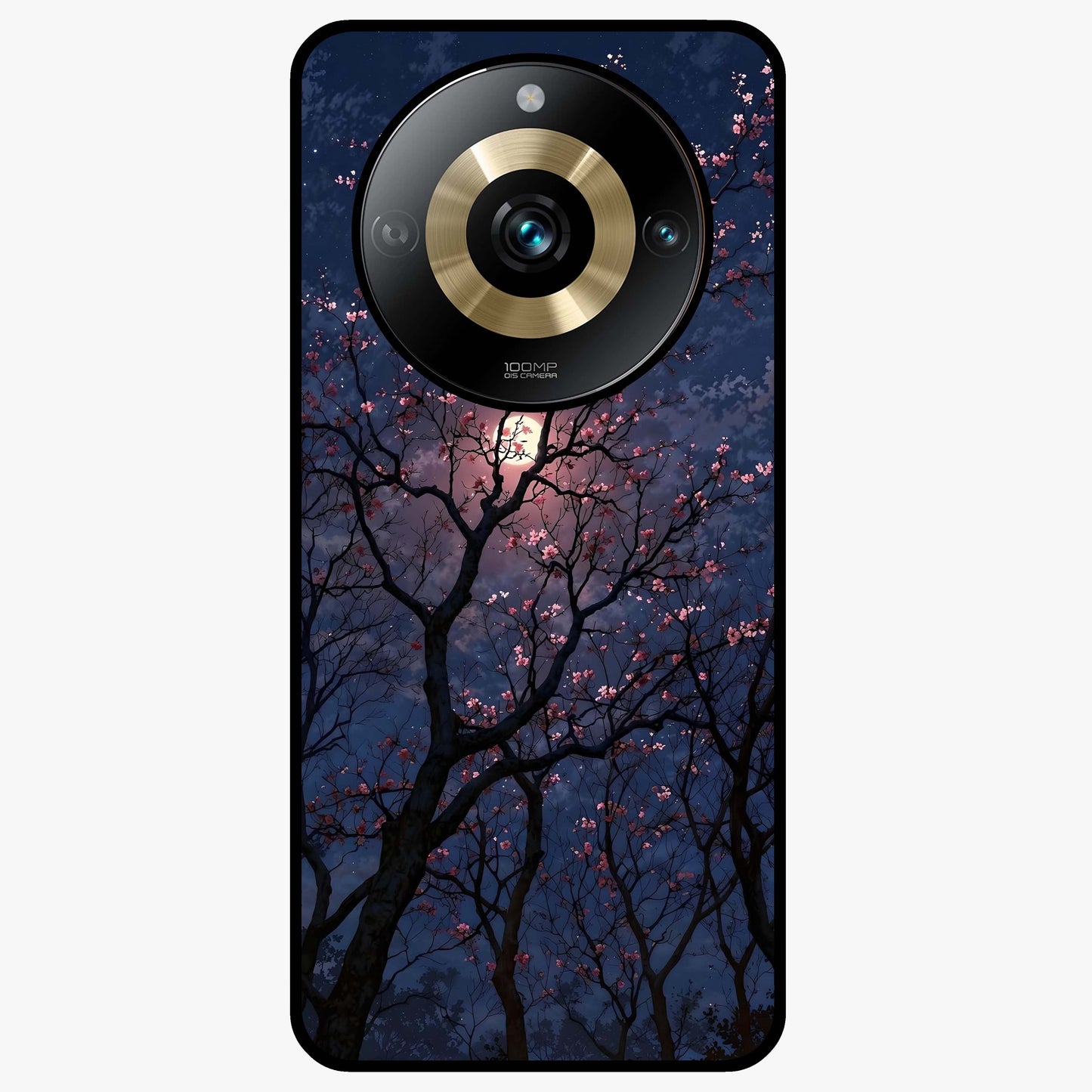 Twilight Sakura Serenade Glass Case showing flat back view with cherry blossom artwork at twilight and glossy glass finish.