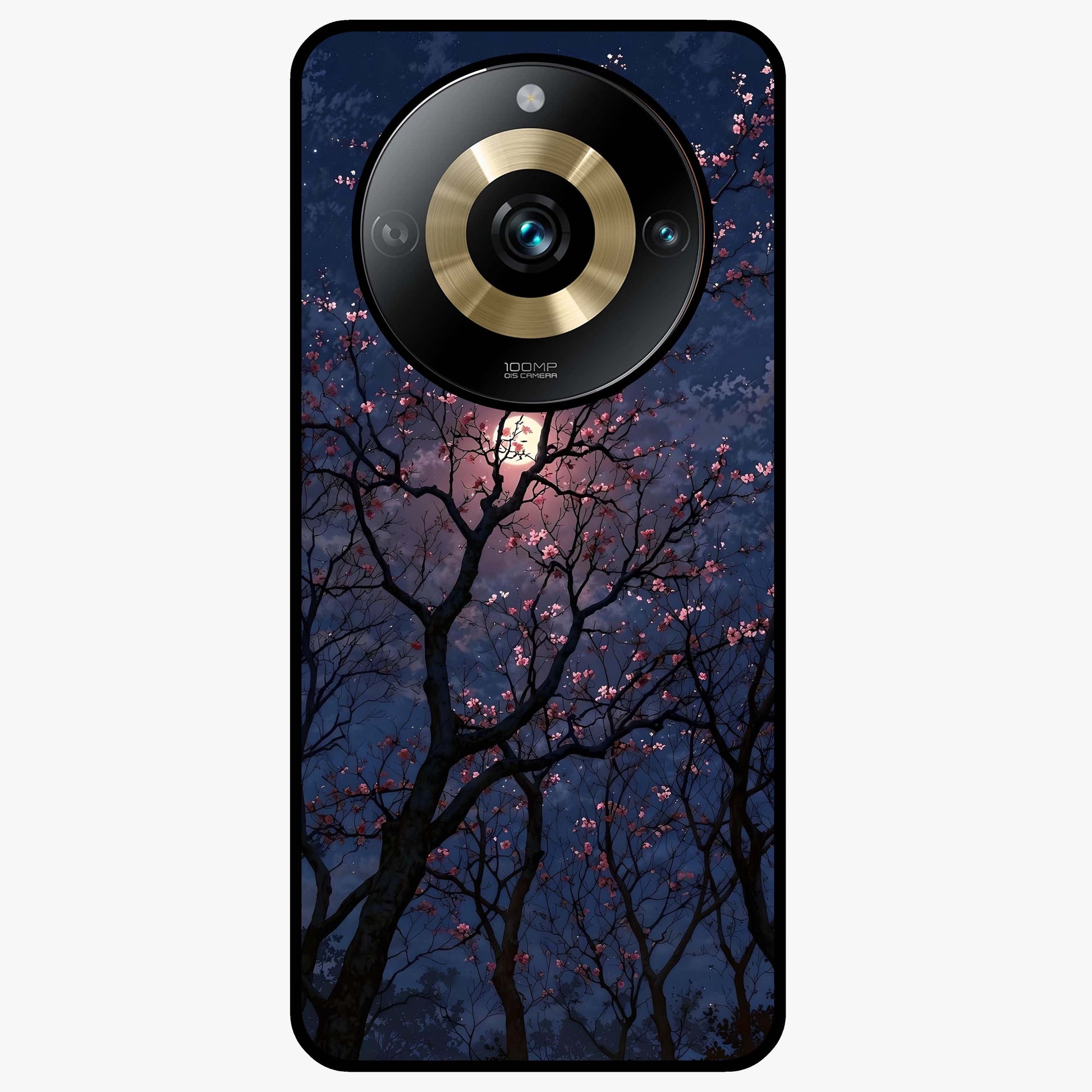 Twilight Sakura Serenade Glass Case showing flat back view with cherry blossom artwork at twilight and glossy glass finish.