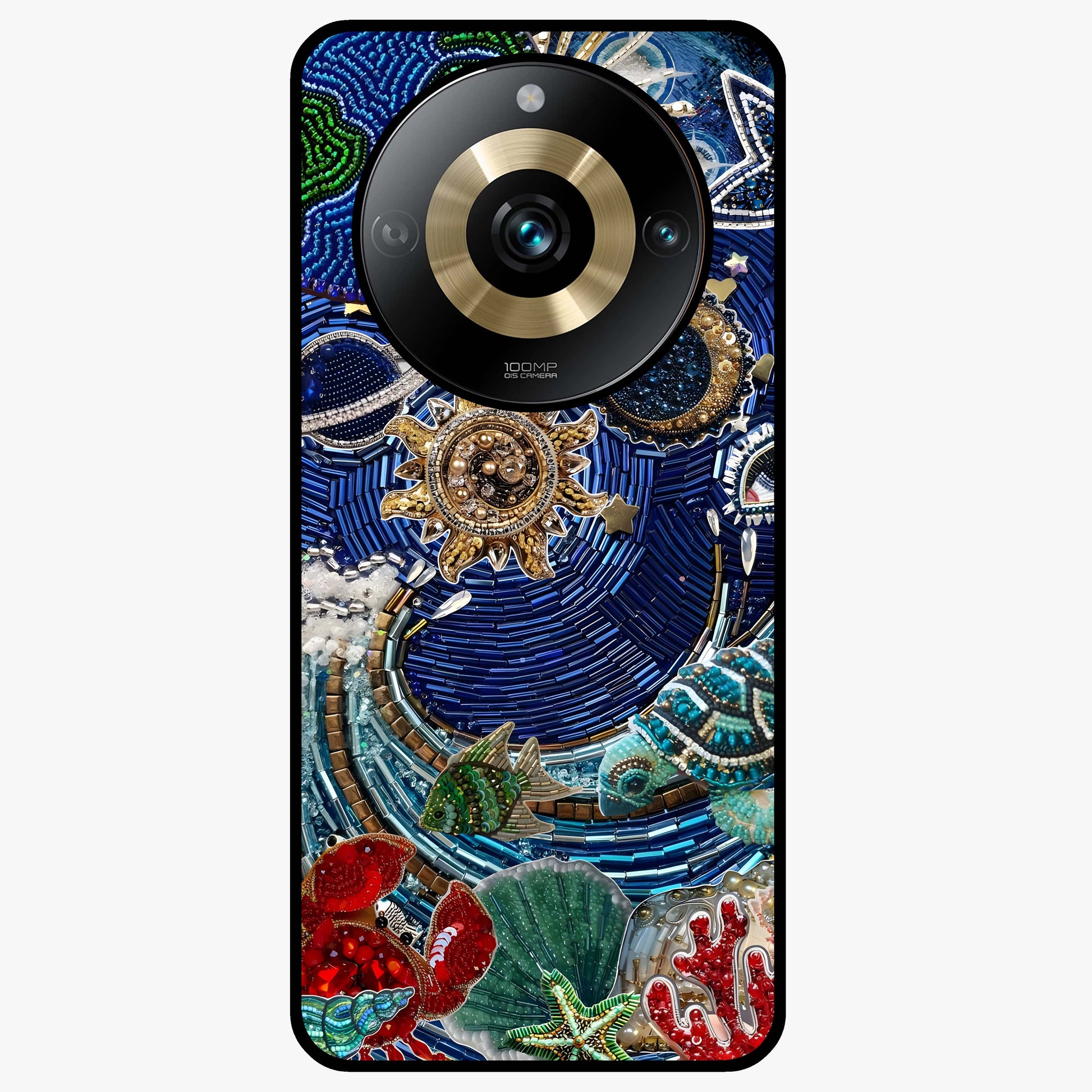 Universe Underwater Spark Glass Case showing flat back view with cosmic underwater themed artwork and glossy glass finish.