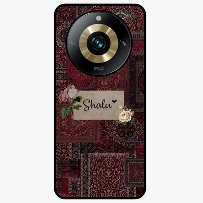 Velvet Wine Pattern Custom Name Glass Case showing flat back view with elegant wine colored pattern artwork and personalized name design.