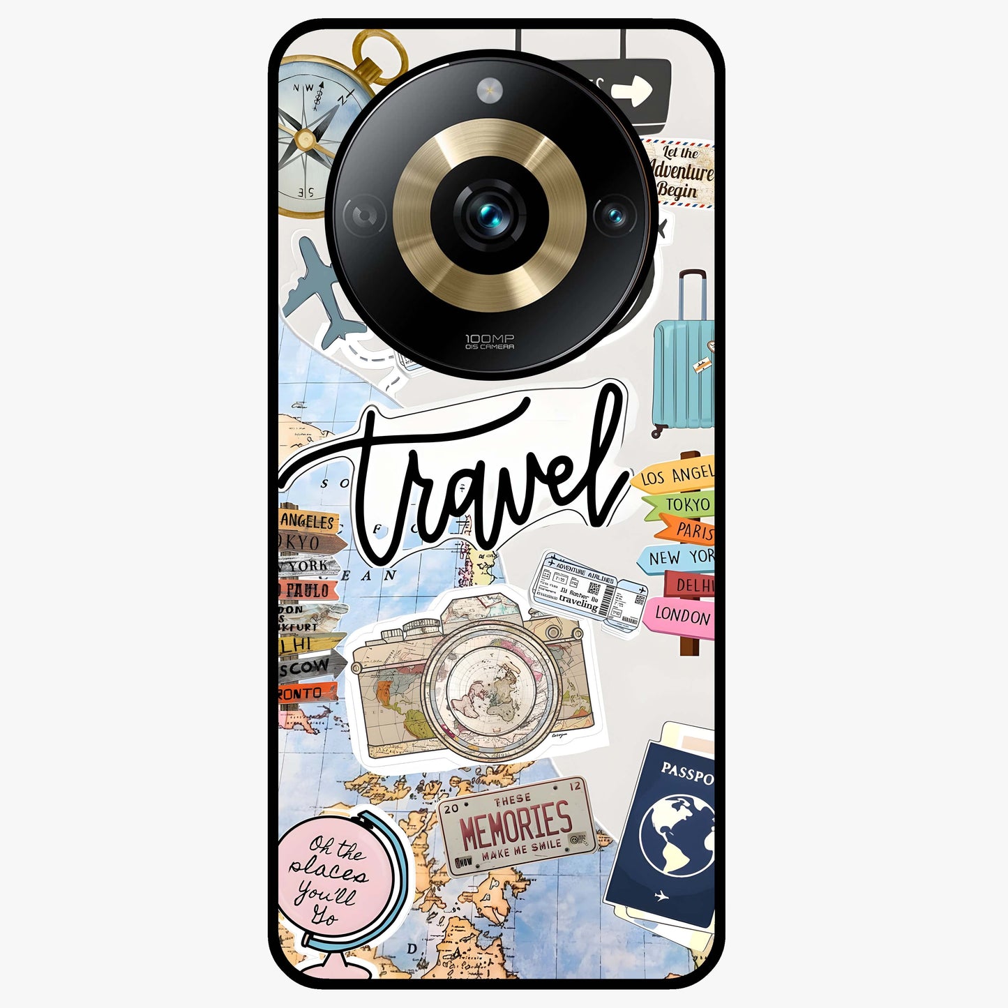 Wanderlust Journal Glass Case showing flat back view with travel inspired artwork and glossy glass finish.