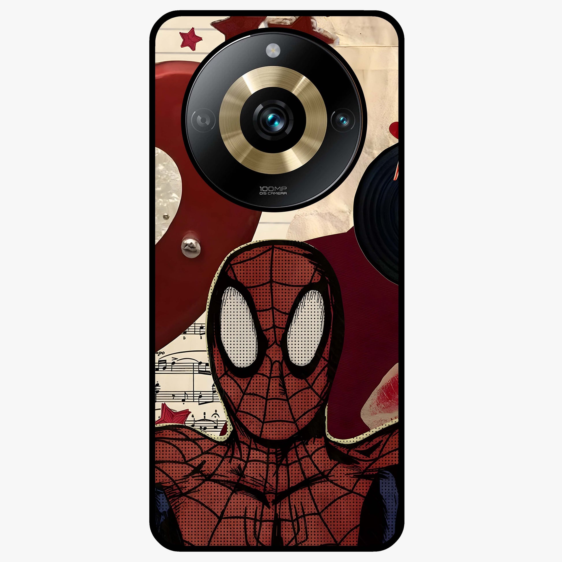 Web Warrior Vibes Glass Case showing flat back view with superhero inspired web themed artwork and glossy glass finish.