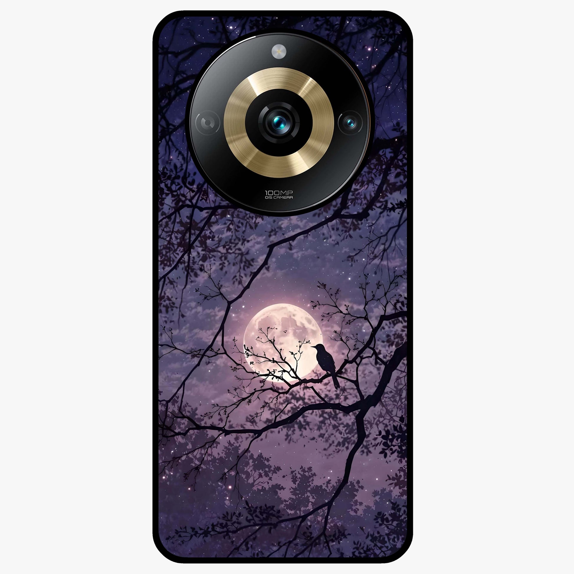 Whispering Moon Silence Glass Case showing flat back view with serene moon themed artwork and glossy glass finish.