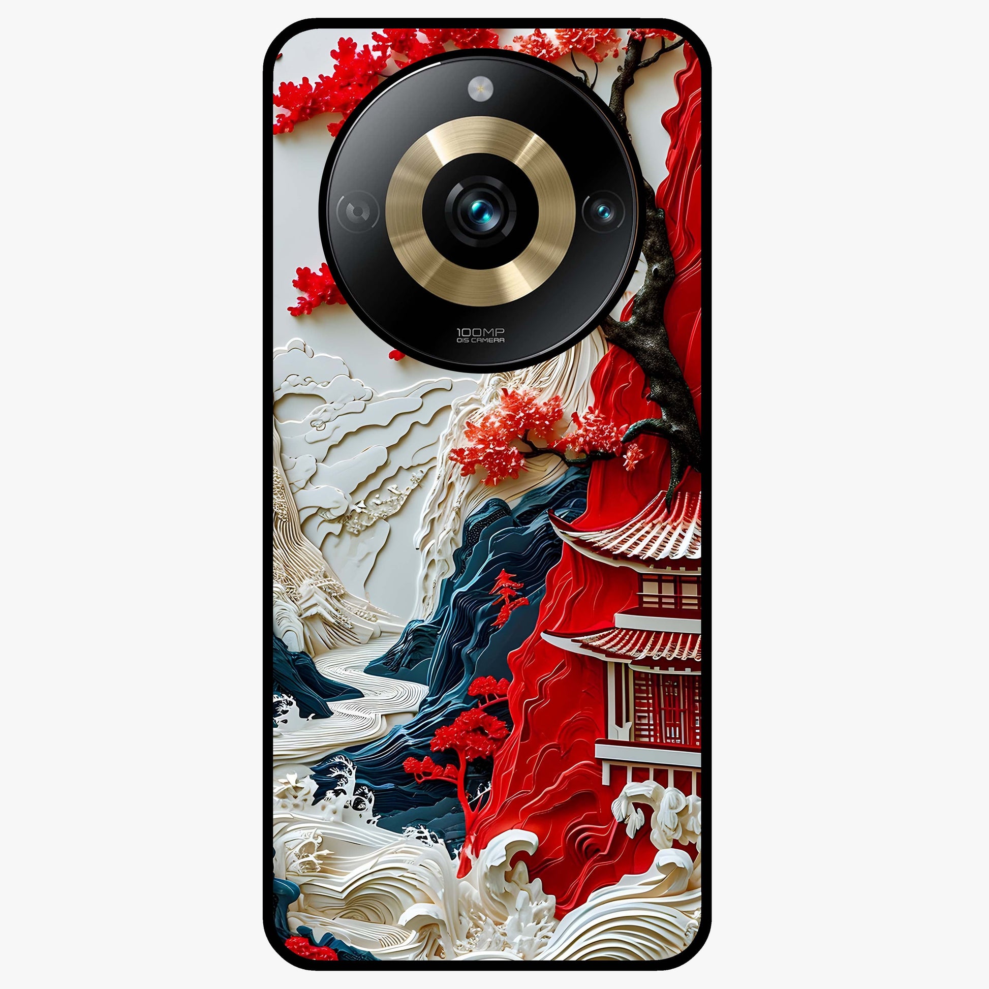 Whispers Of Sakura Waves Glass Case showing flat back view with cherry blossom wave artwork and glossy glass finish.