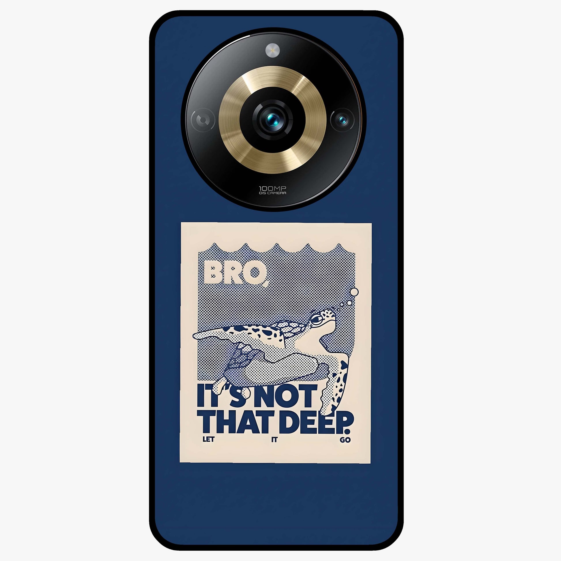 Worry Less Swim Glass Case showing flat back view with playful motivational artwork and glossy glass finish.