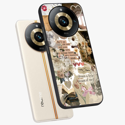 Aesthetic Brown Vintage Collage Glass Case displayed in angled mockup highlighting vintage aesthetic collage design.
