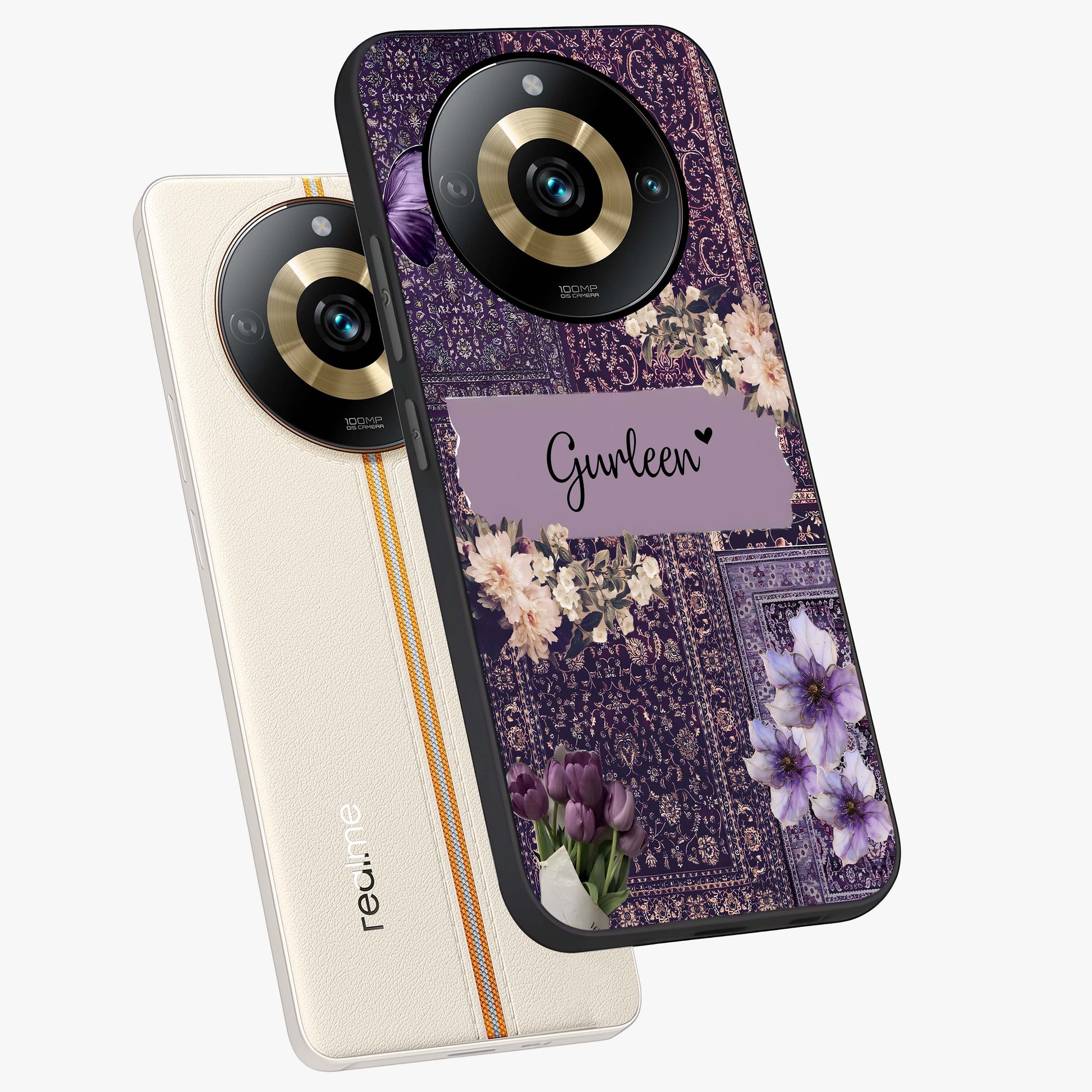 Antique Floral Whisper Custom Name Glass Case displayed in angled mockup highlighting elegant antique floral aesthetic.