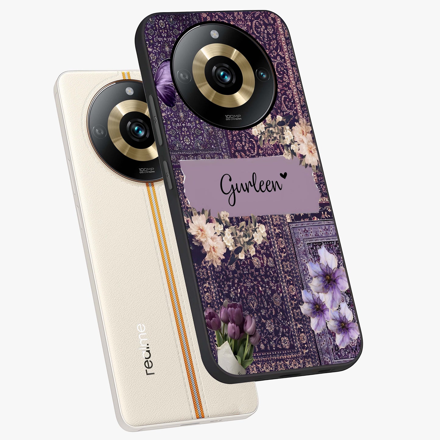 Antique Floral Whisper Custom Name Glass Case displayed in angled mockup highlighting elegant antique floral aesthetic.