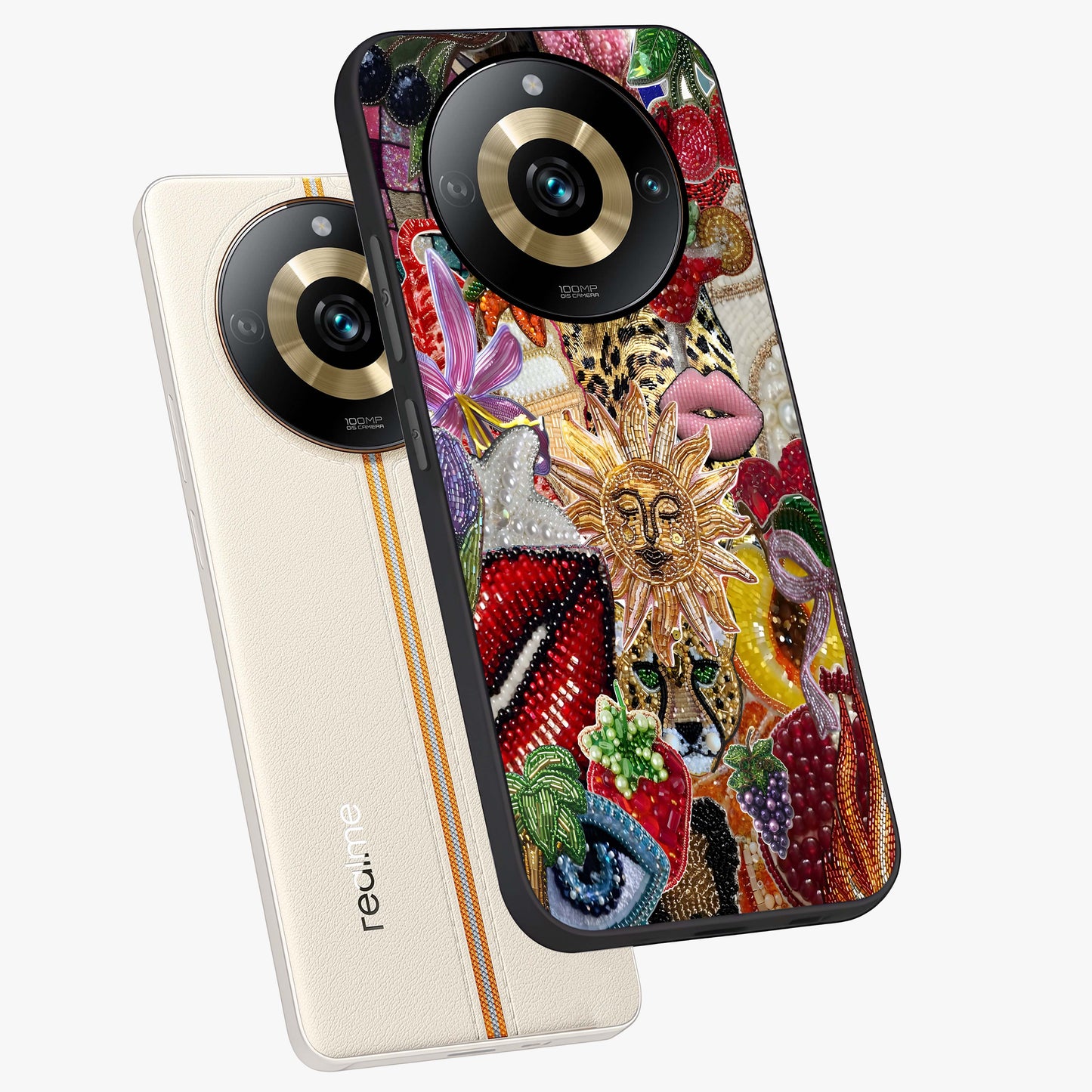 Beaded Fashion Jungle Glass Case displayed in angled mockup highlighting colorful fashion bead design and artistic pattern.