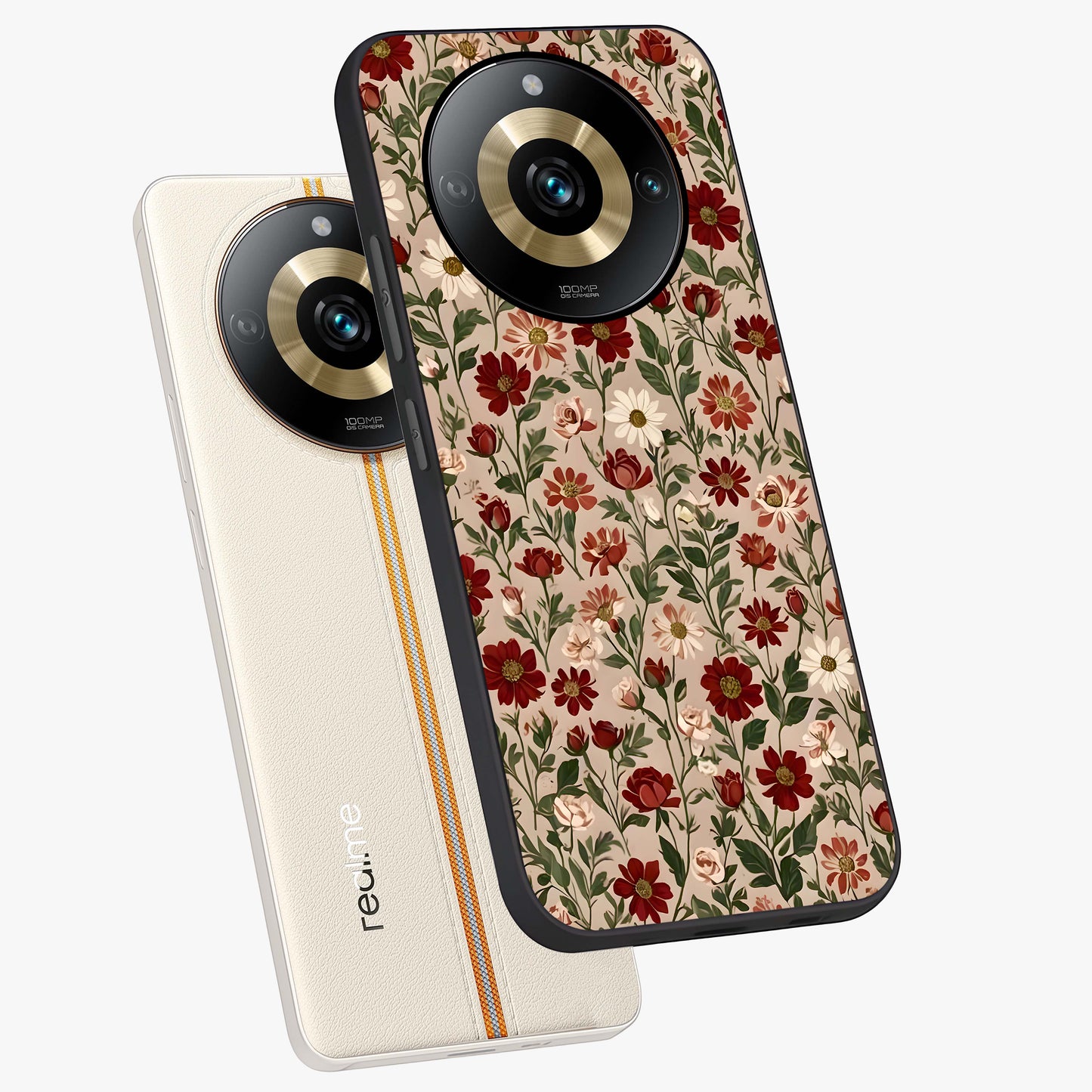 Biege Flower With Leaf Glass Case displayed in angled mockup highlighting minimal floral leaf design and elegant aesthetic.
