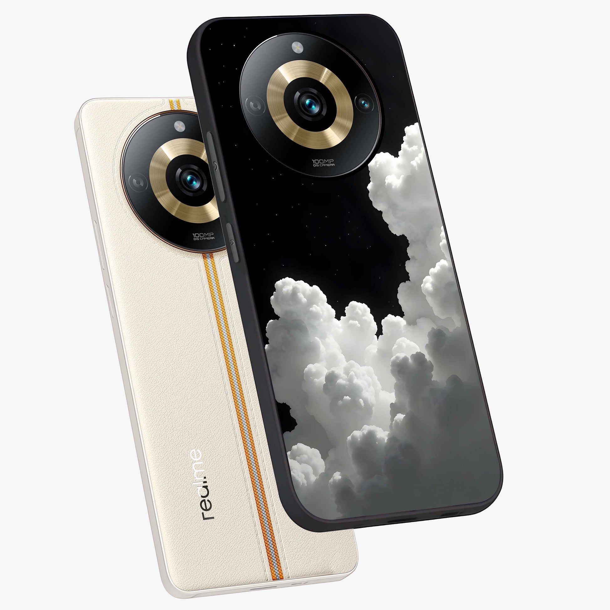 Black Background With White Cloud Glass Case displayed in angled mockup highlighting soft white cloud illustration and minimal design.