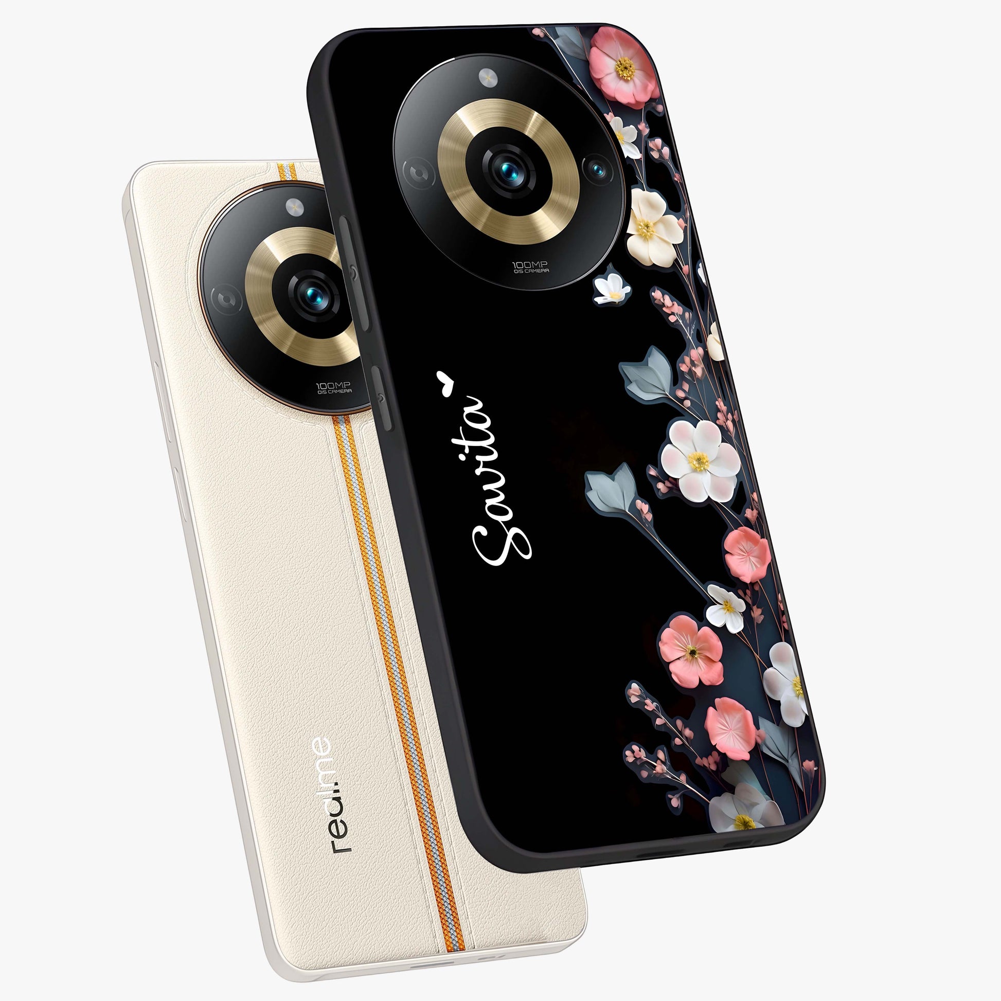 Black Elegance Floral Custom Name Glass Case displayed in angled mockup highlighting dark floral aesthetic and custom name feature.