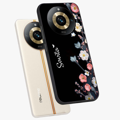 Black Elegance Floral Custom Name Glass Case displayed in angled mockup highlighting dark floral aesthetic and custom name feature.