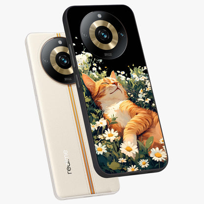 Blissful Bloom Cat Glass Case displayed in angled mockup highlighting playful feline illustration with soft floral aesthetic.