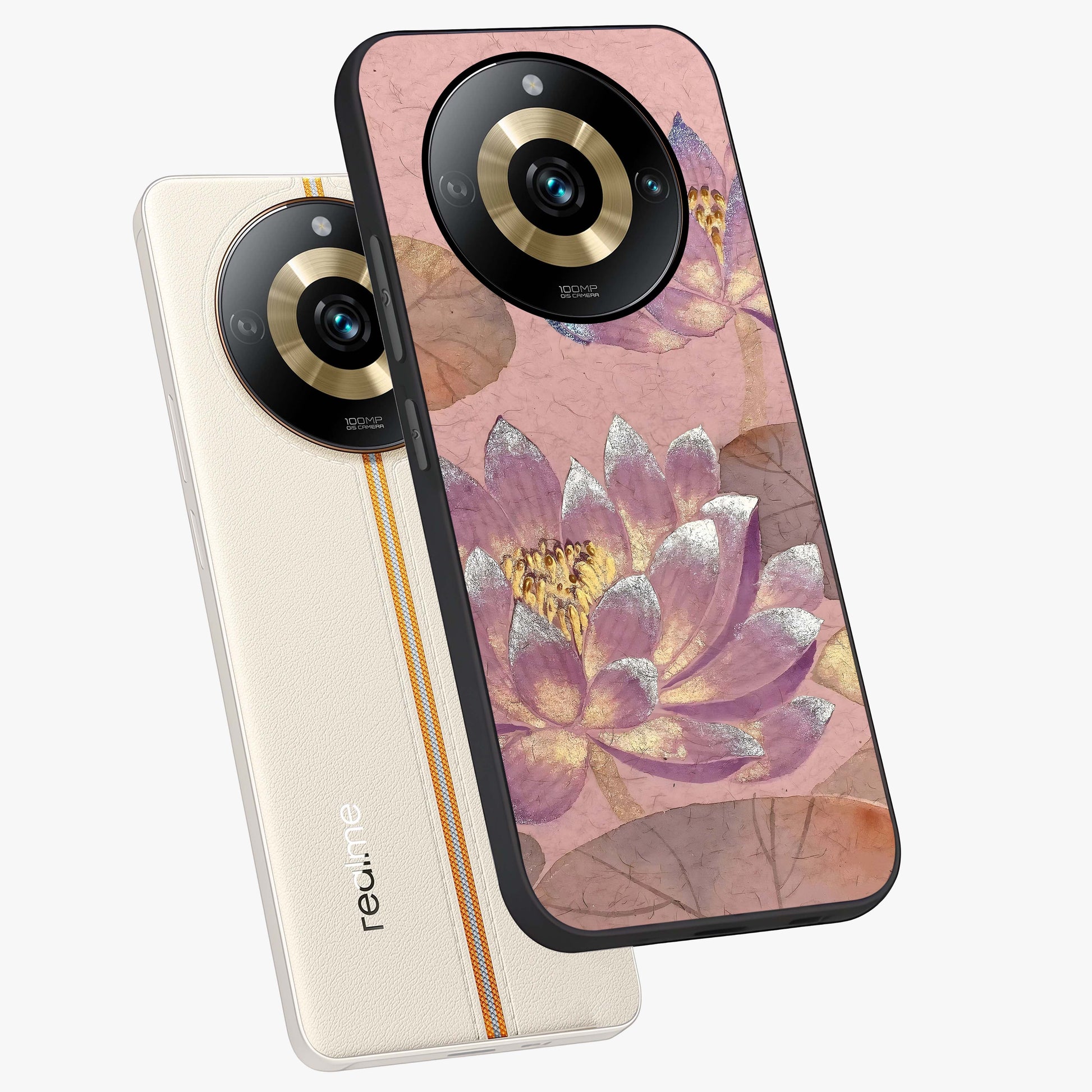 Blossom Mist Lotus Glass Case displayed in angled mockup highlighting delicate lotus illustration with calm aesthetic theme.