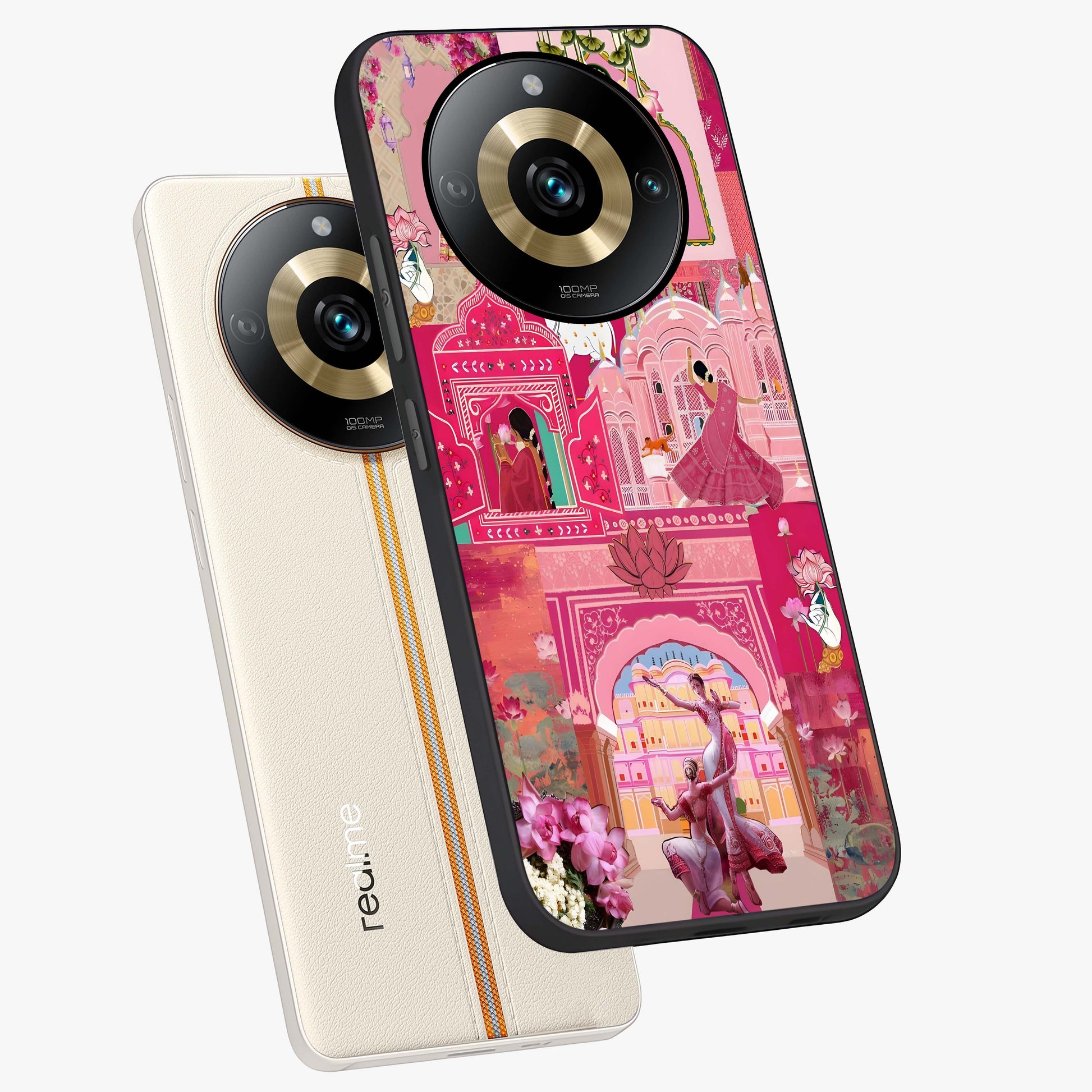 Blossoms of Rajasthan Glass Case displayed in angled mockup highlighting vibrant floral pattern with cultural aesthetic style.