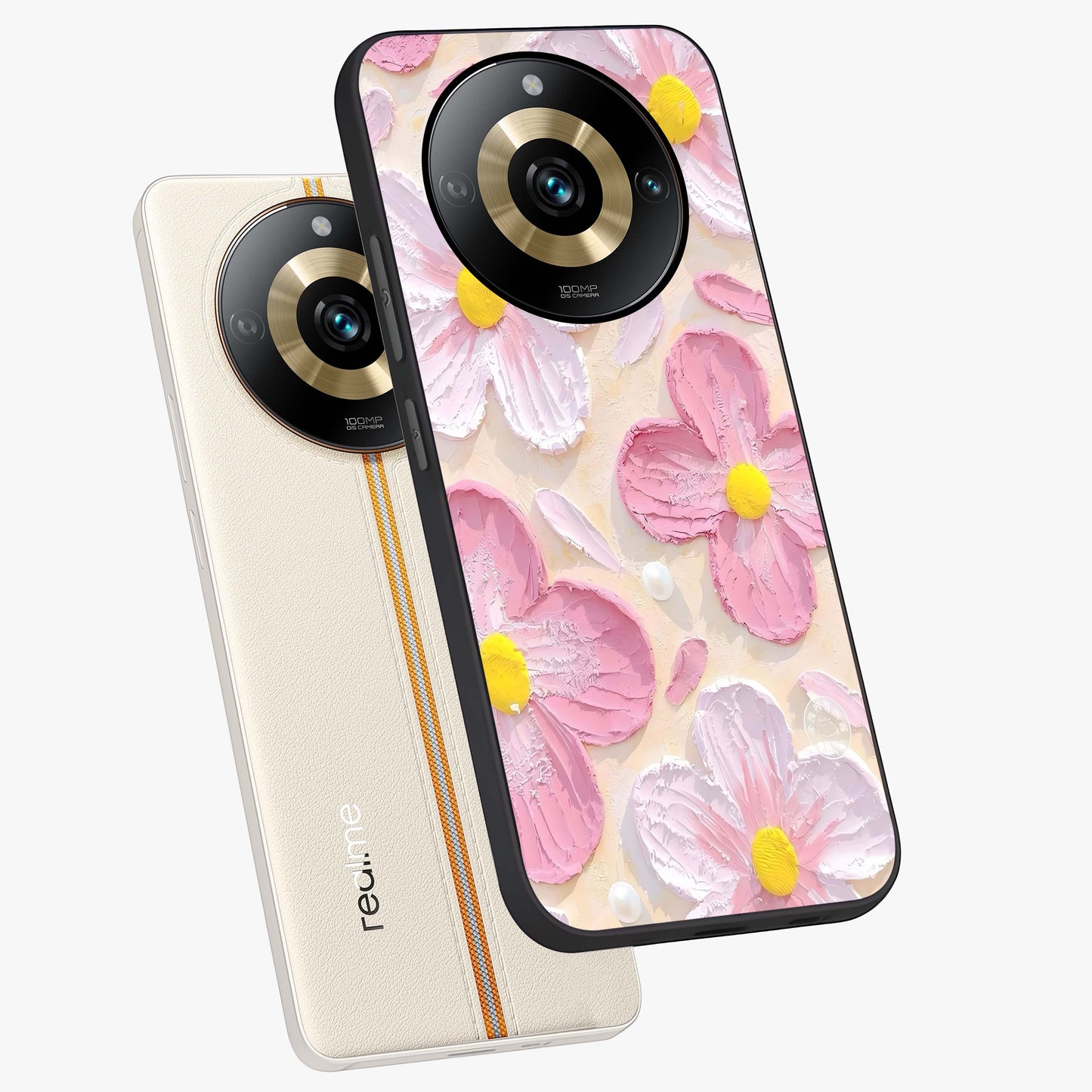 Blush Bloom Texture Glass Case displayed in angled mockup highlighting subtle bloom pattern with aesthetic pastel design.