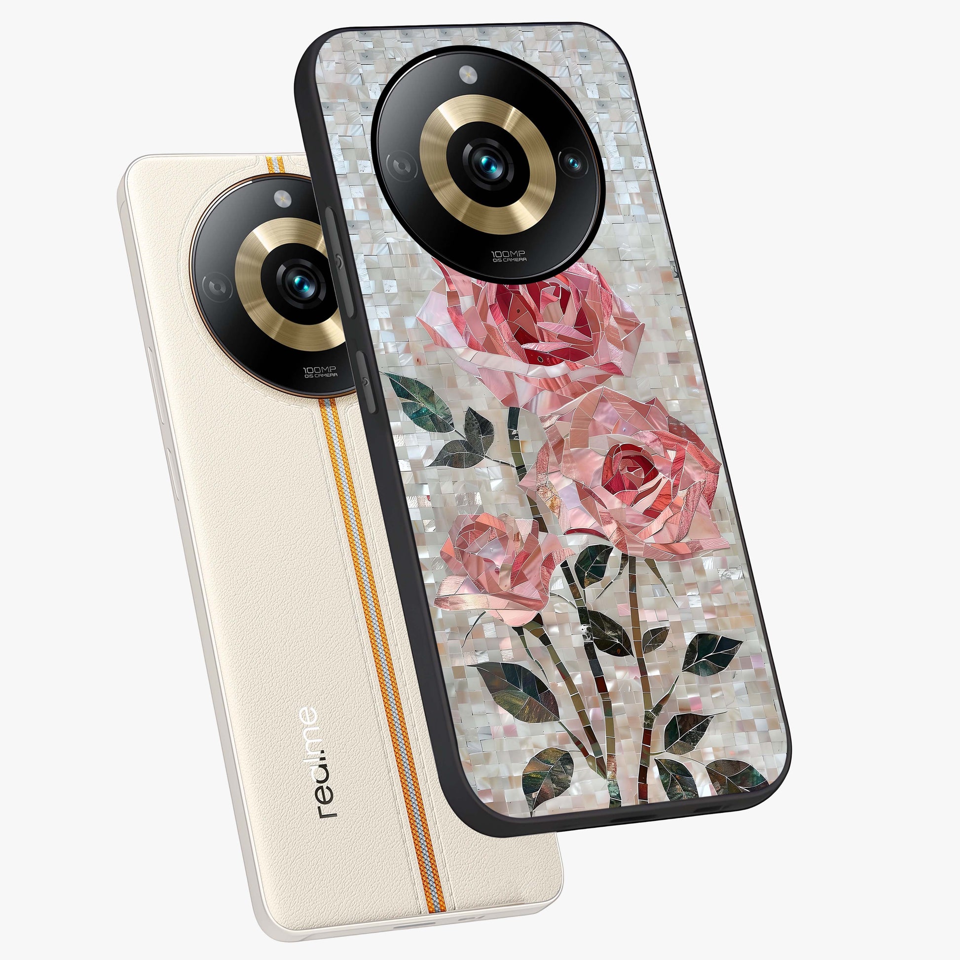 Blush Mosaic Bloom Glass Case displayed in angled mockup highlighting artistic mosaic flower pattern with aesthetic design.