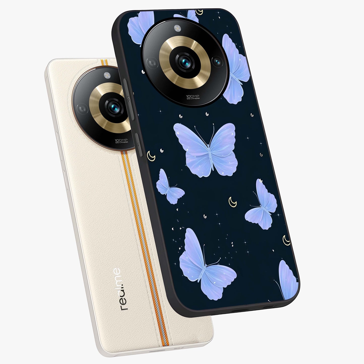 Butterfly With Stars Pattern Glass Case displayed in angled mockup highlighting dreamy butterfly and star design with aesthetic theme.