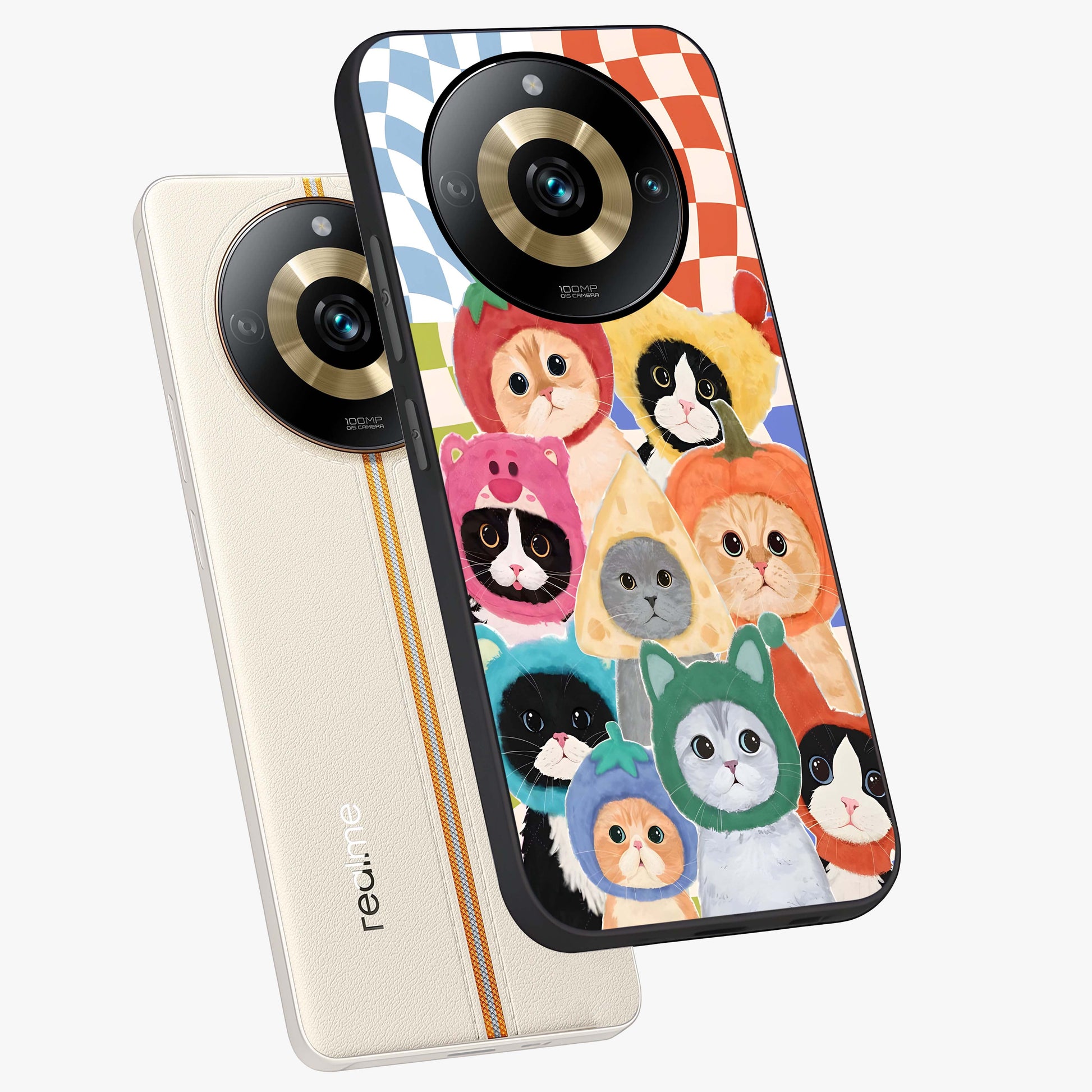 Cats in Fruits Glass Case displayed in angled mockup highlighting cute feline fruit design with colorful aesthetic style.