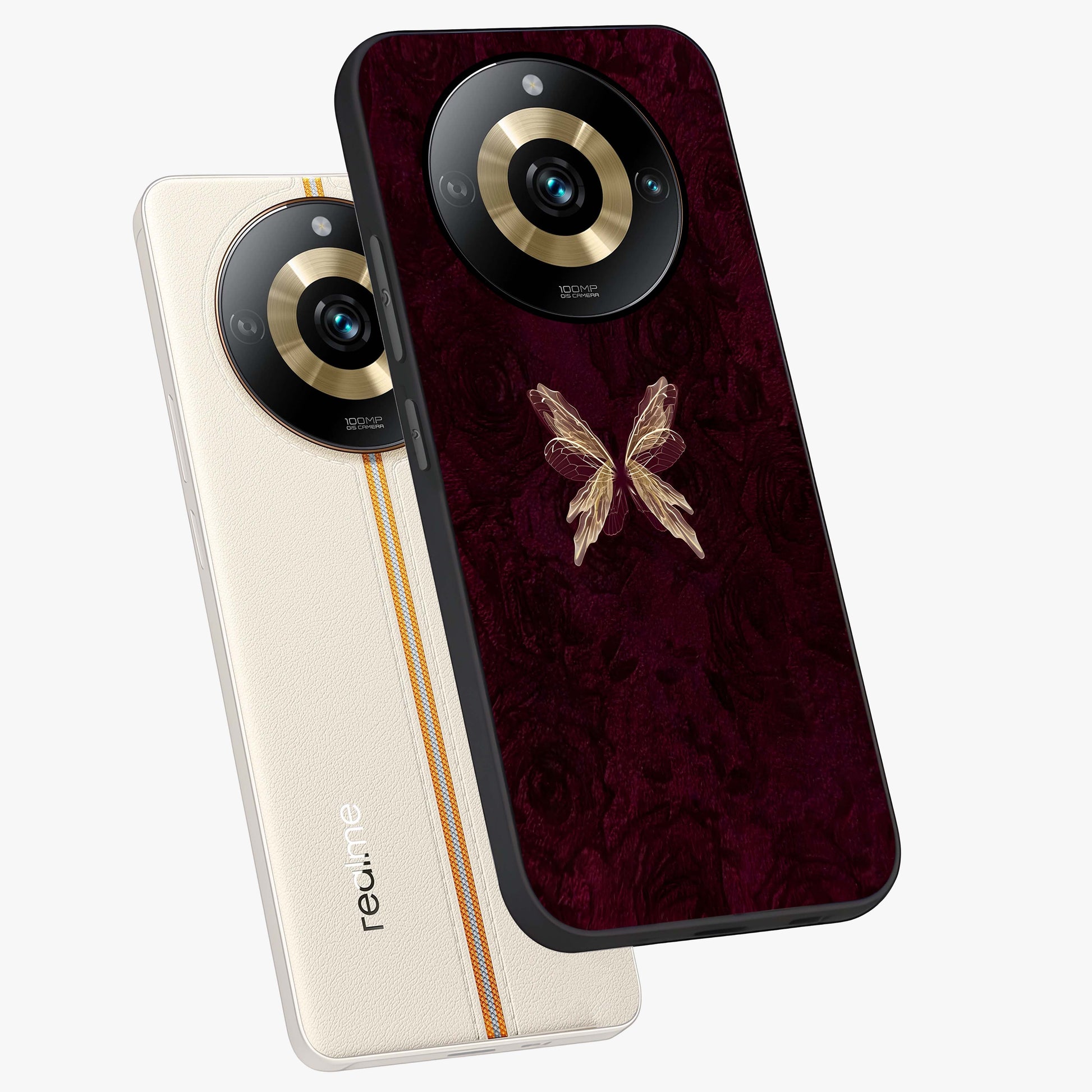 Crimson Fade Butterfly Glass Case displayed in angled mockup highlighting elegant butterfly design with crimson gradient aesthetic.
