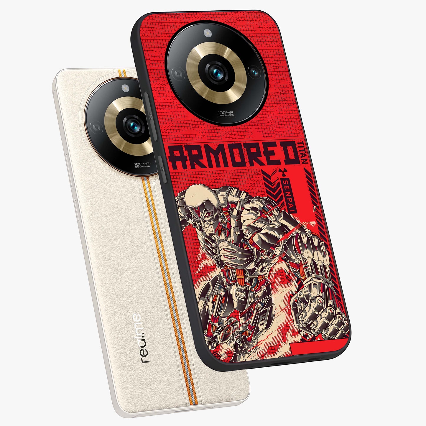 Crimson Mecha Titan Glass Case displayed in angled mockup highlighting futuristic mech illustration with bold crimson aesthetic.