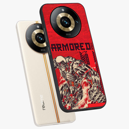Crimson Mecha Titan Glass Case displayed in angled mockup highlighting futuristic mech illustration with bold crimson aesthetic.