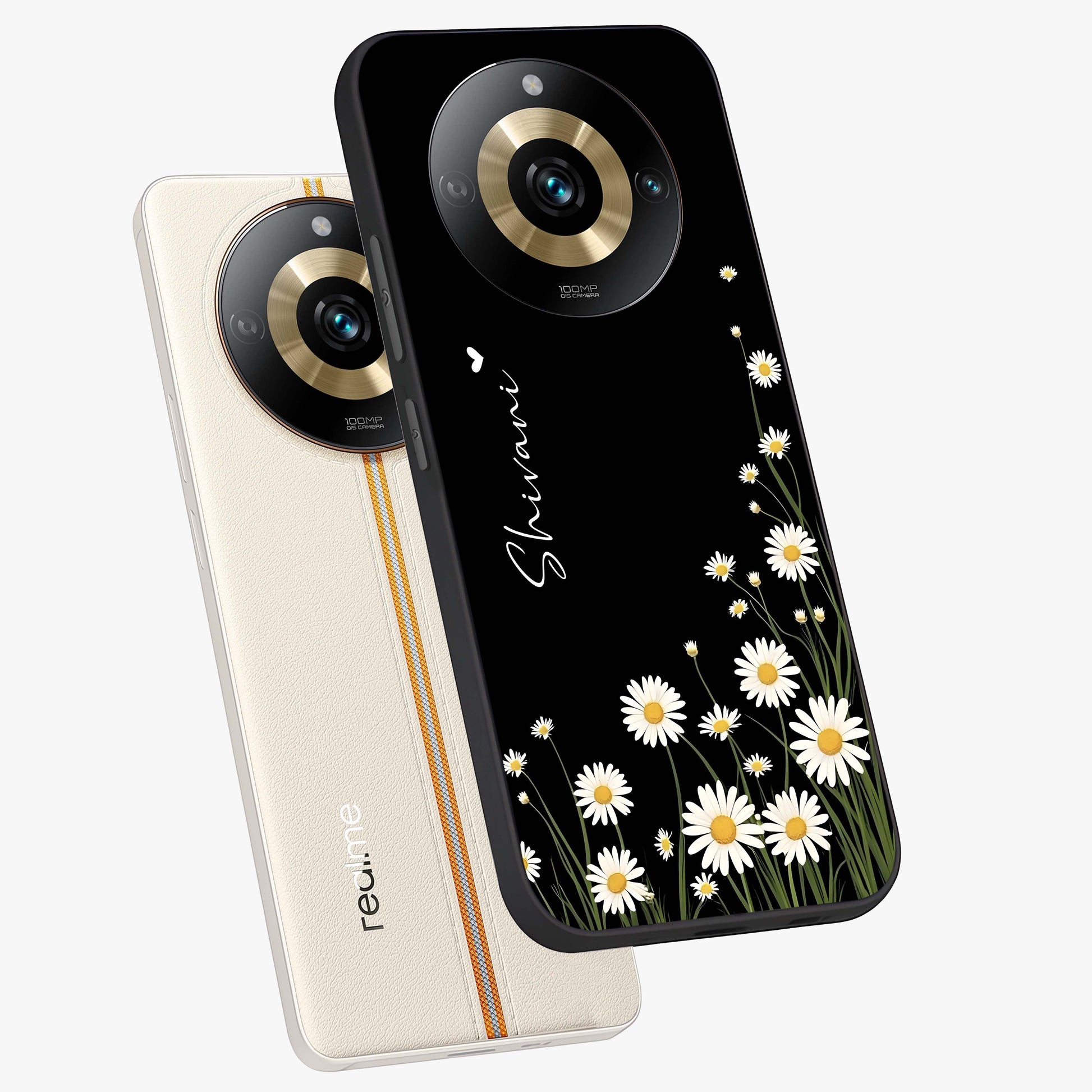 Daisy Cascade Custom Name Glass Case displayed in angled mockup highlighting delicate daisy artwork with custom name feature.