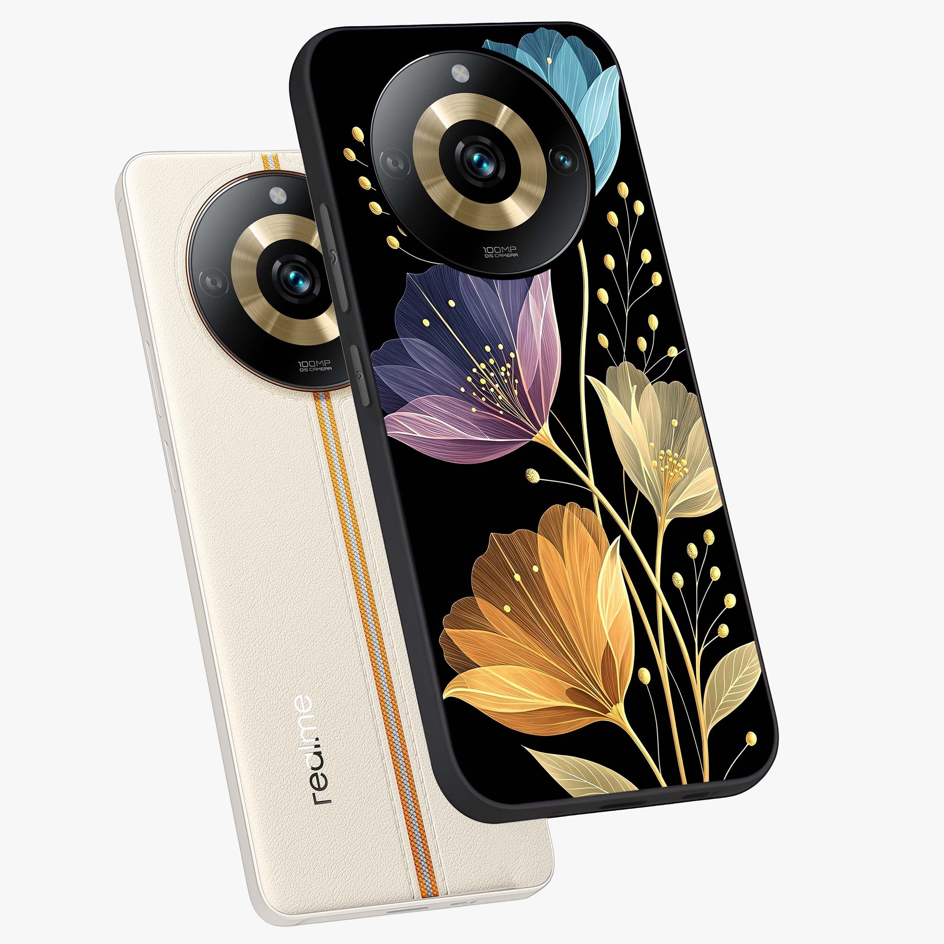 Delicate Multicolor Flowers Glass Case displayed in angled mockup highlighting colorful flower pattern with soft aesthetic style.