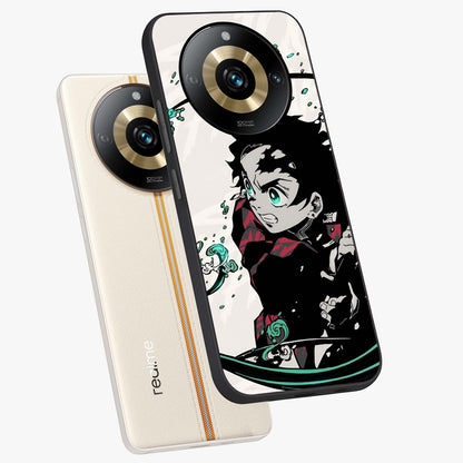 Demon Slayer Glass Case displayed in angled mockup highlighting dramatic anime character design with action aesthetic.