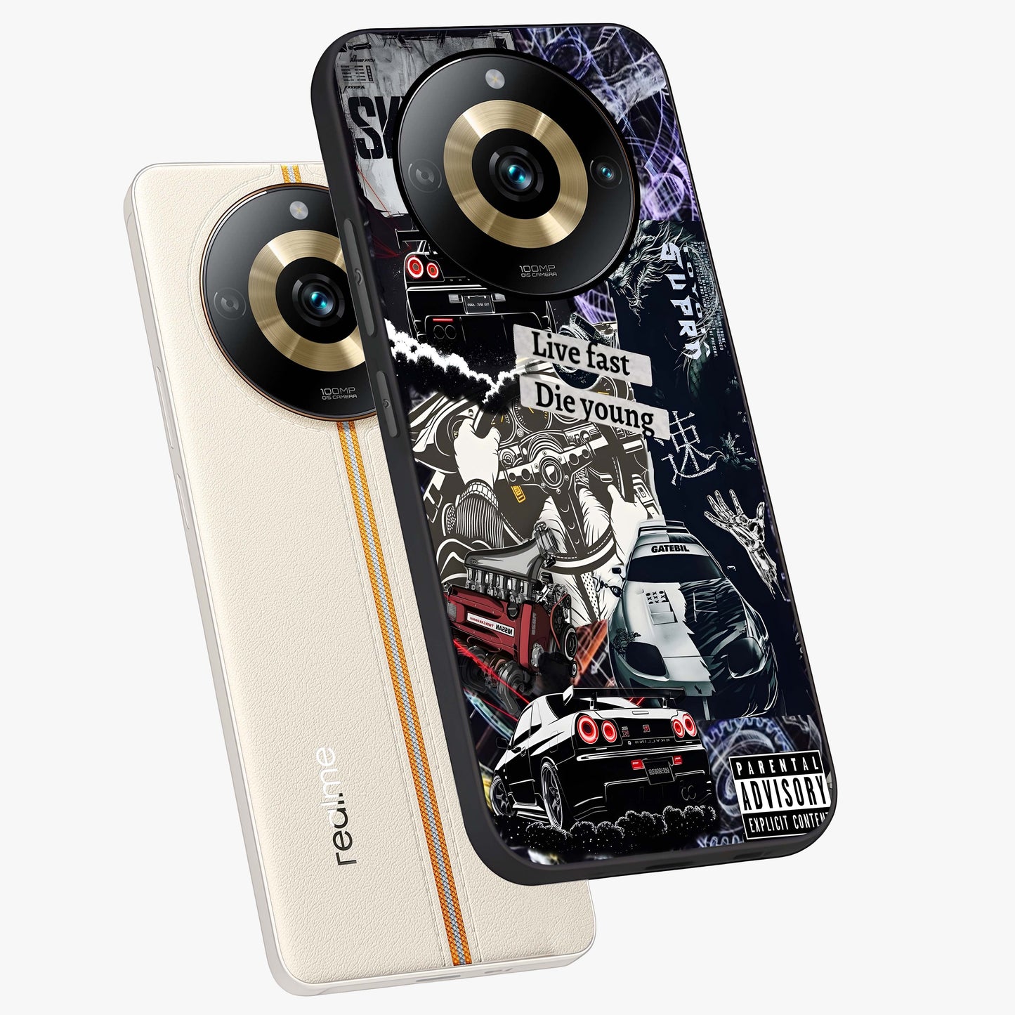 Die Young Glass Case displayed in angled mockup highlighting expressive graphic artwork with edgy aesthetic style.