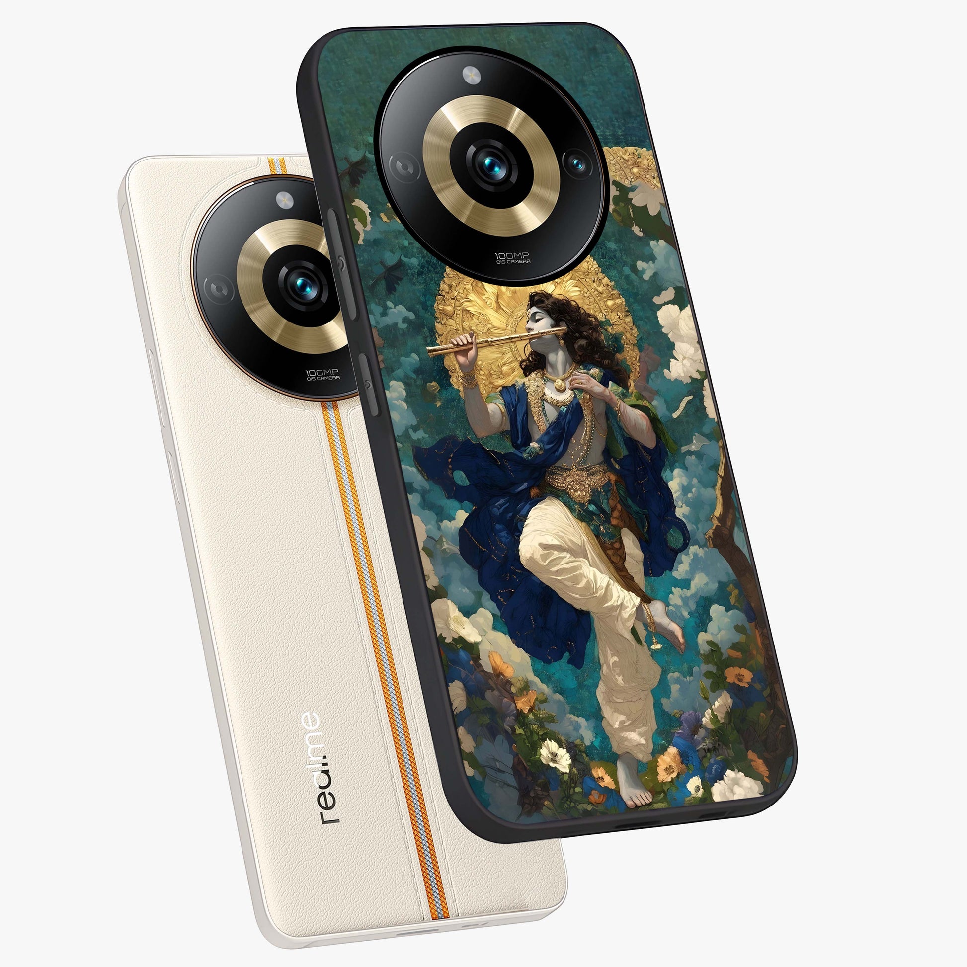Divine Krishna Art Glass Case displayed in angled mockup highlighting spiritual Krishna illustration with devotional aesthetic.