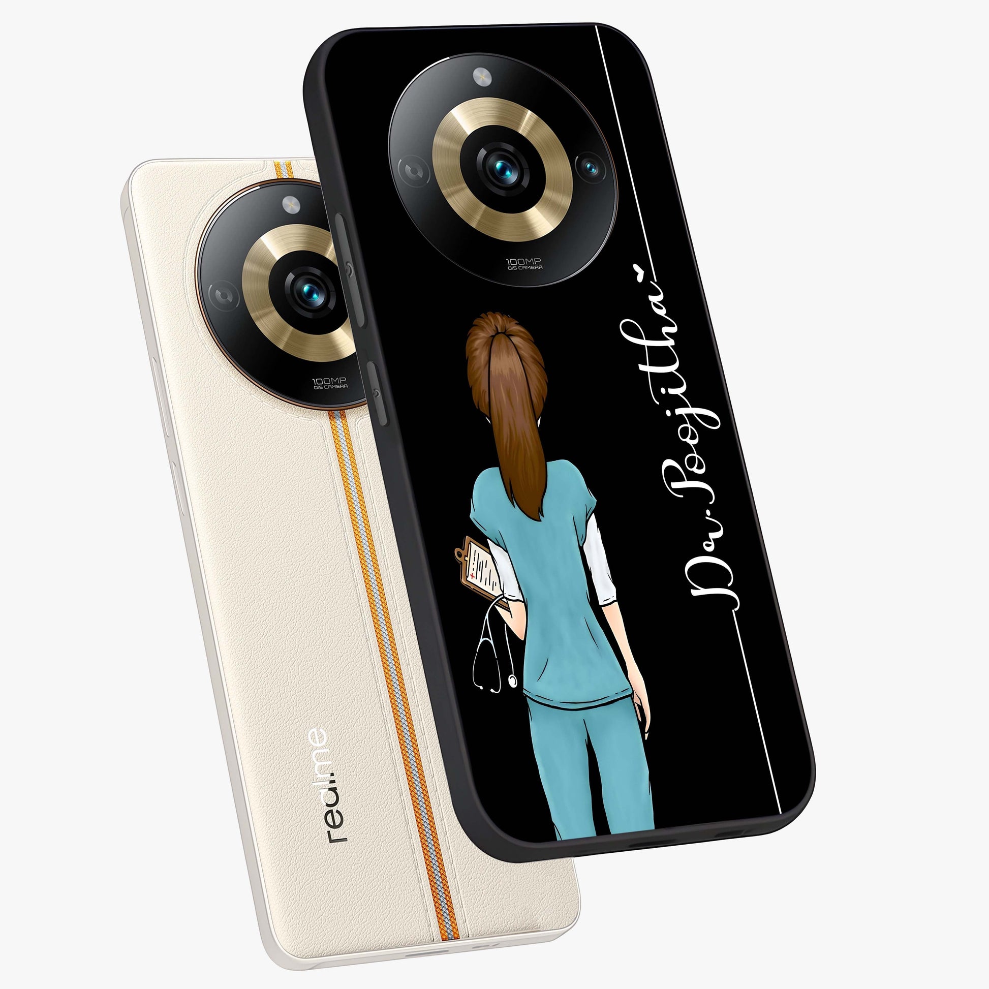 Doctor Pattern Custom Name Glass Case displayed in angled mockup highlighting doctor inspired artwork with custom name feature.