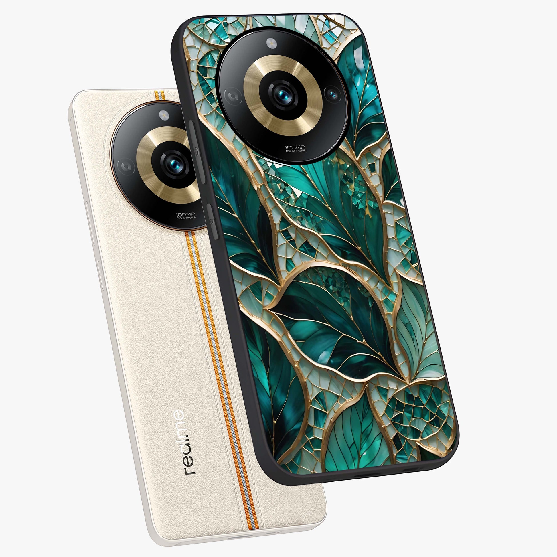Emerald Leaf Glass Glass Case displayed in angled mockup highlighting botanical leaf illustration with elegant natural aesthetic.