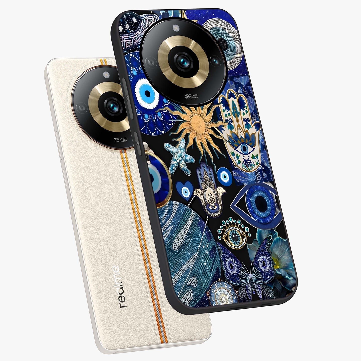 Evil Eye Charm Mix Glass Case displayed in angled mockup highlighting protective evil eye symbols with spiritual aesthetic design.