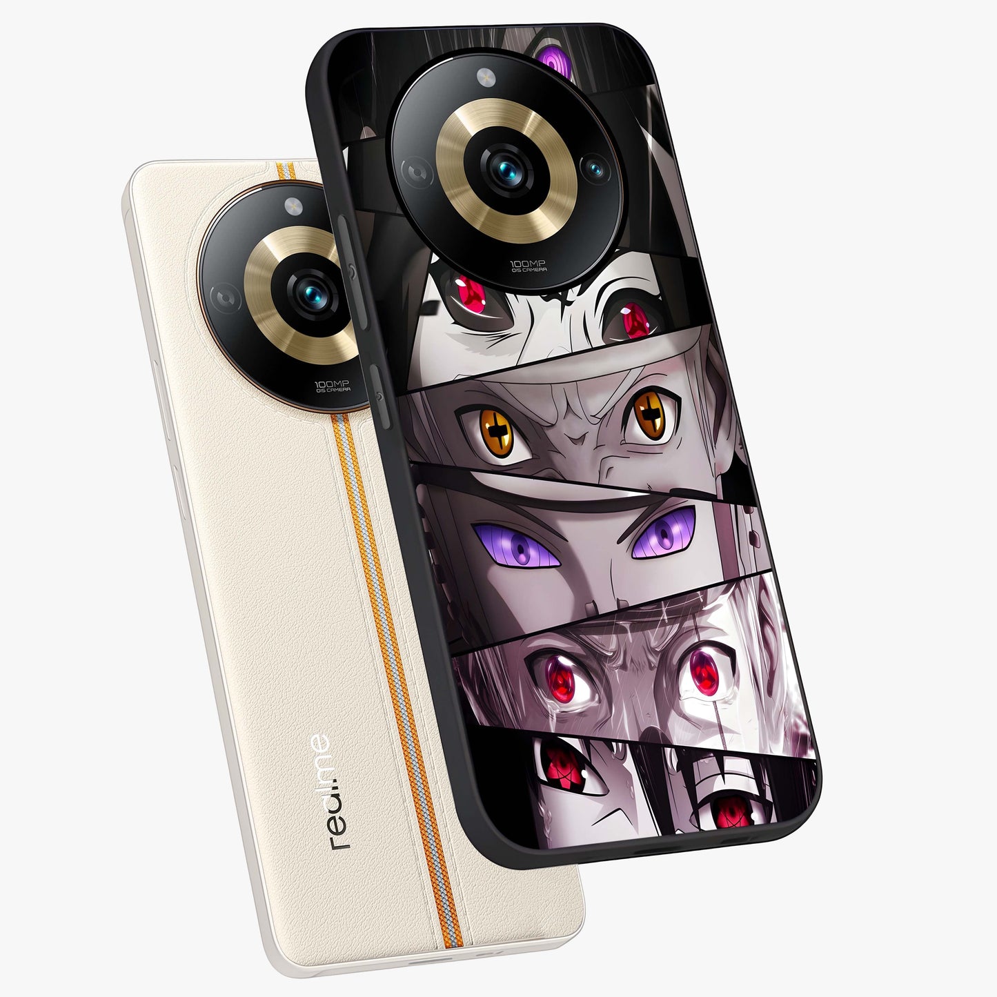 Eyes of Destiny Glass Case displayed in angled mockup highlighting bold eye illustration with mystical aesthetic style.