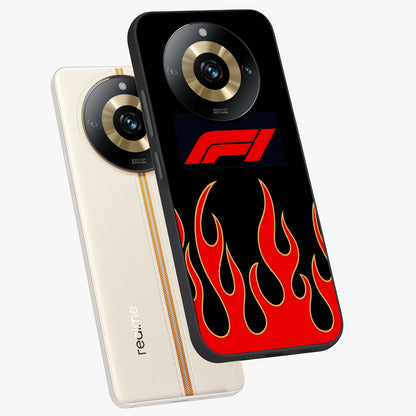 Fire F11 Glass Case displayed in angled mockup highlighting bold fire inspired graphic with energetic aesthetic style.