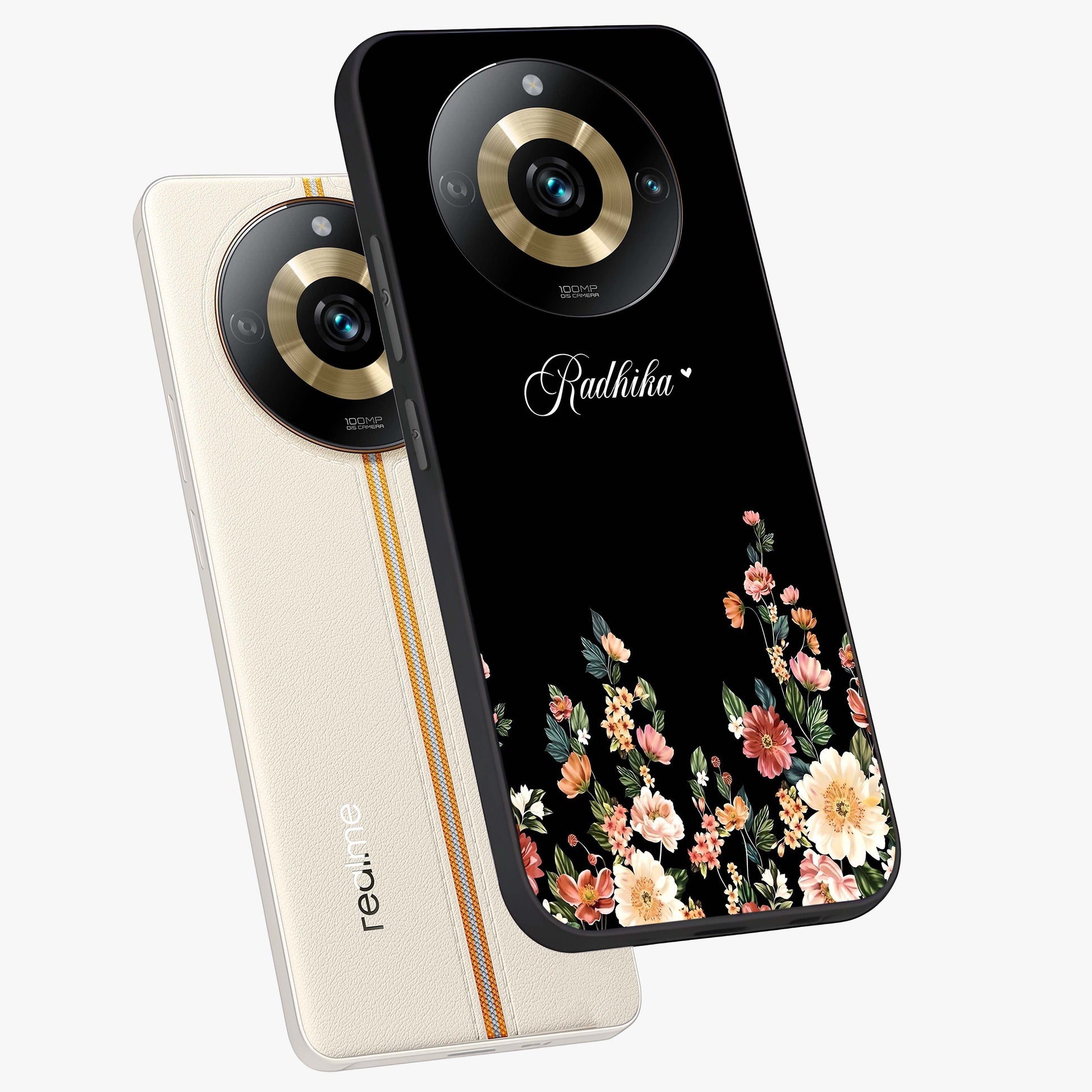 Floral Design With a Custom Personalized Name Glass Case displayed in angled mockup highlighting elegant floral pattern with custom name feature.