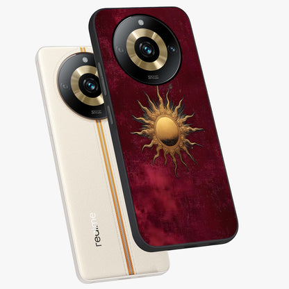 Golden Sun Minimalism Glass Case displayed in angled mockup highlighting clean sun symbol design with modern minimal aesthetic.