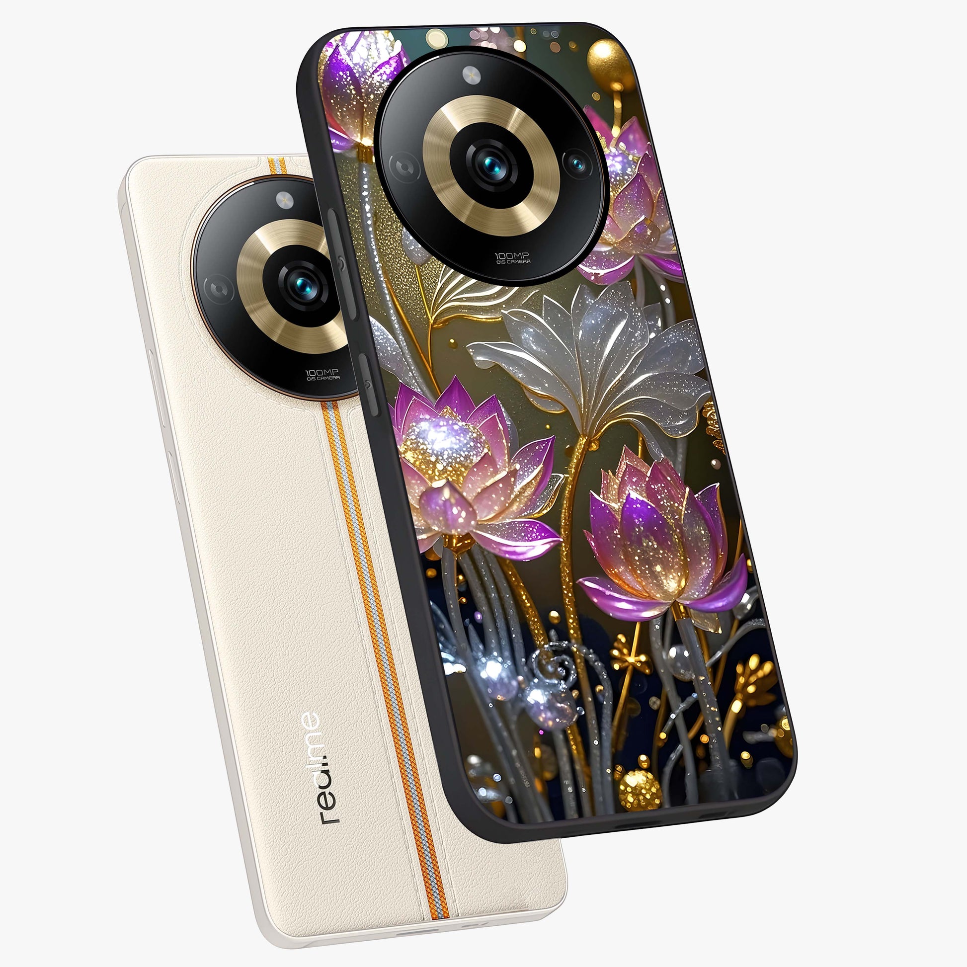Golden Floral Majesty Glass Case displayed in angled mockup highlighting elegant flower design with royal golden aesthetic.