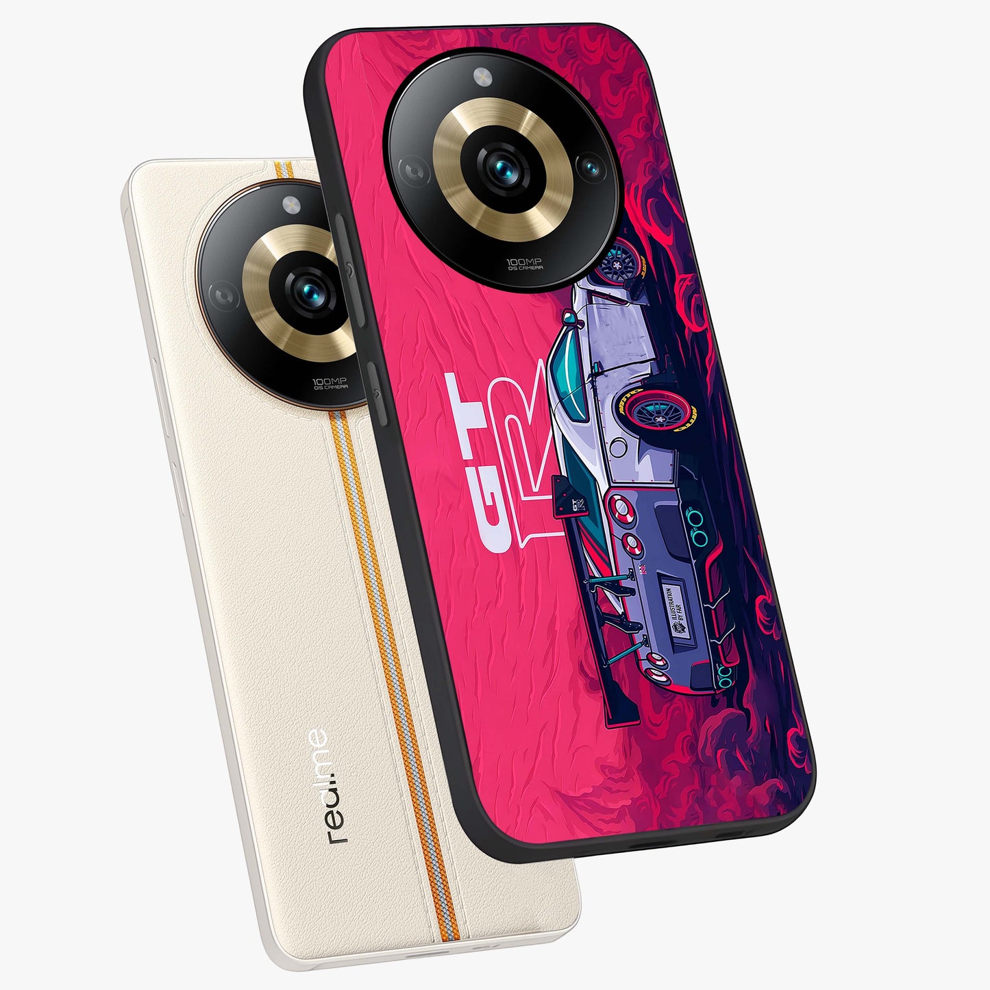 GT-R Car Pattern Glass Case displayed in angled mockup highlighting racing car graphic design with bold automotive aesthetic.