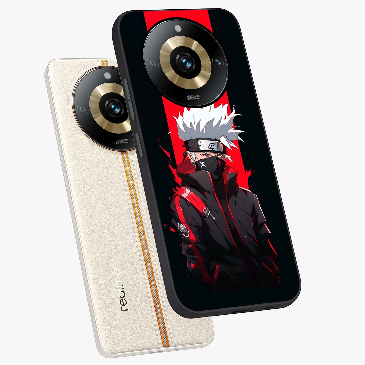 Kakashi Scarlet Shadow Glass Case displayed in angled mockup highlighting dramatic ninja illustration with scarlet themed aesthetic.