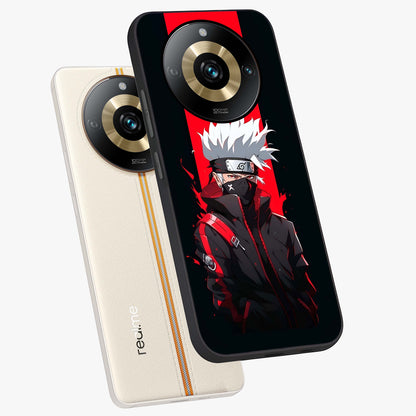 Kakashi Scarlet Shadow Glass Case displayed in angled mockup highlighting dramatic ninja illustration with scarlet themed aesthetic.