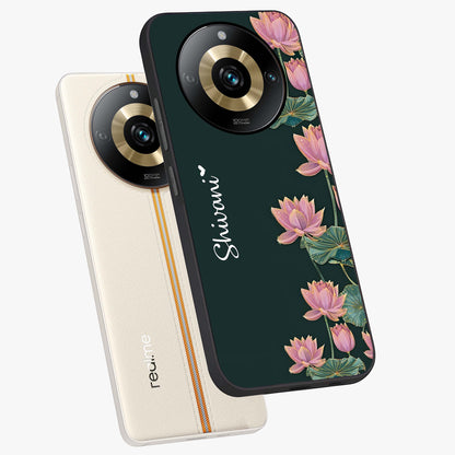 Lotus Bloom Serenity Custom Name Glass Case displayed in angled mockup highlighting graceful lotus illustration with custom name feature.
