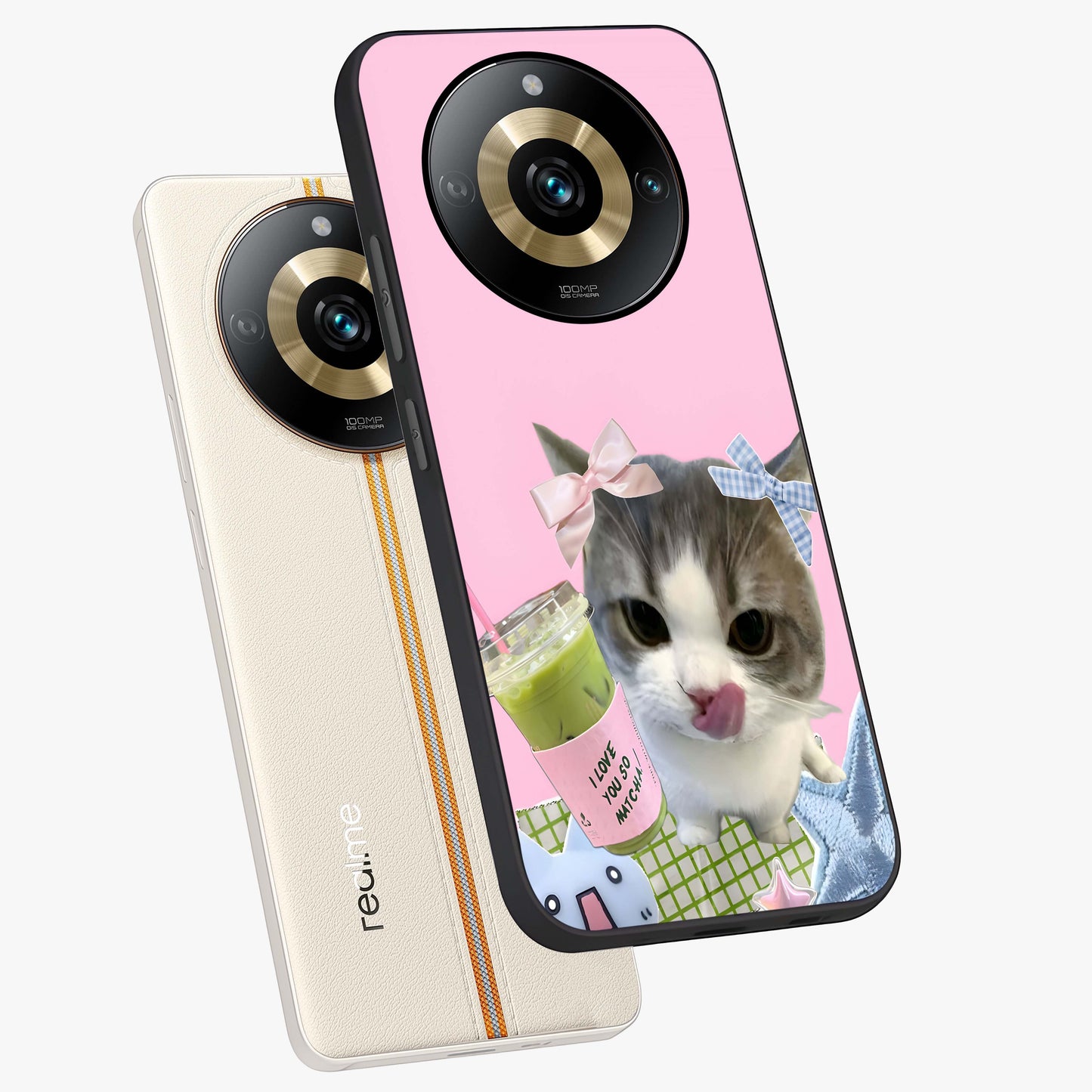 Love Matcha Cat Glass Case displayed in angled mockup highlighting playful feline illustration with cozy matcha aesthetic.