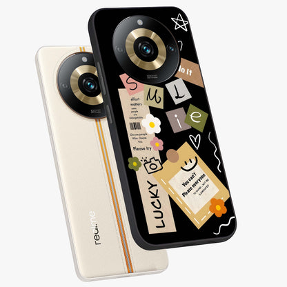 Lucky Aesthetic Collage Glass Case displayed in angled mockup highlighting stylish collage pattern with modern aesthetic vibe.