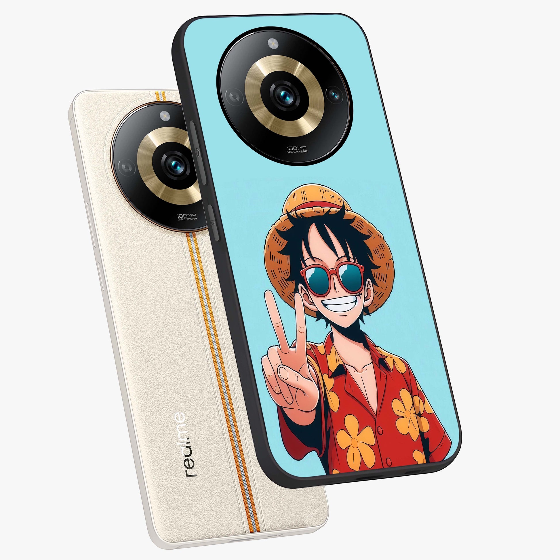 Luffy Summer Anime Vibe Glass Case displayed in angled mockup highlighting energetic anime illustration with summer vibe aesthetic.