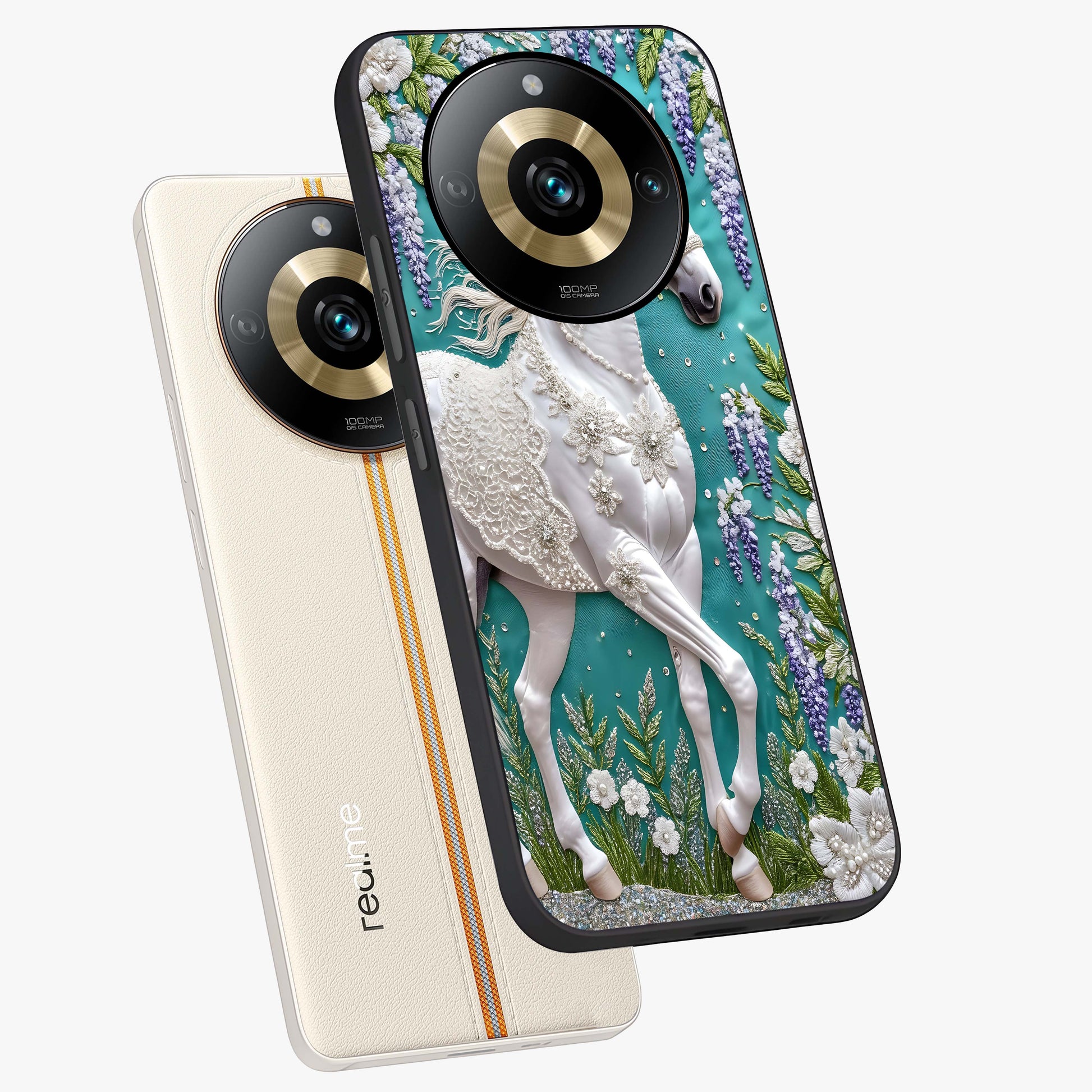 Majestic Floral Stallion Glass Case displayed in angled mockup highlighting majestic stallion illustration with elegant floral aesthetic.
