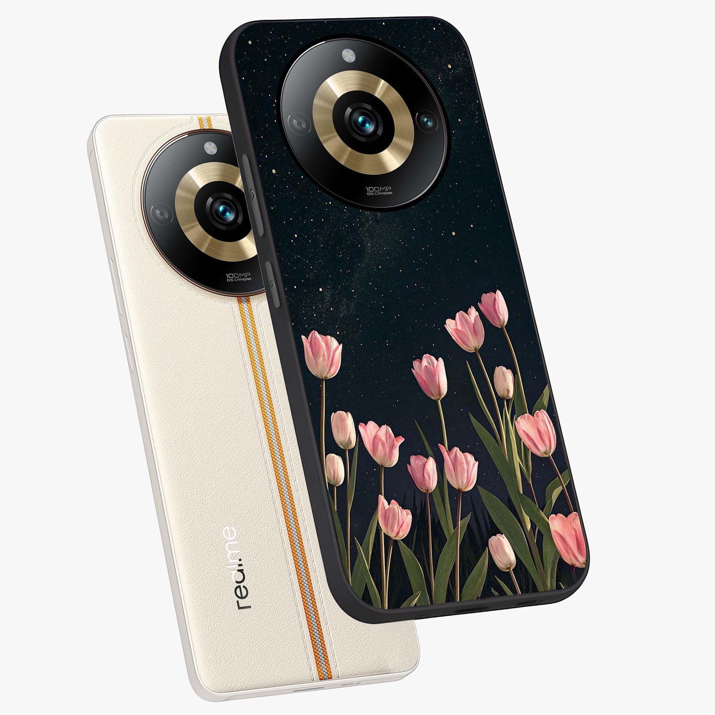 Midnight Tulip Whispers Vibe Glass Case displayed in angled mockup highlighting delicate tulip design with midnight floral aesthetic.